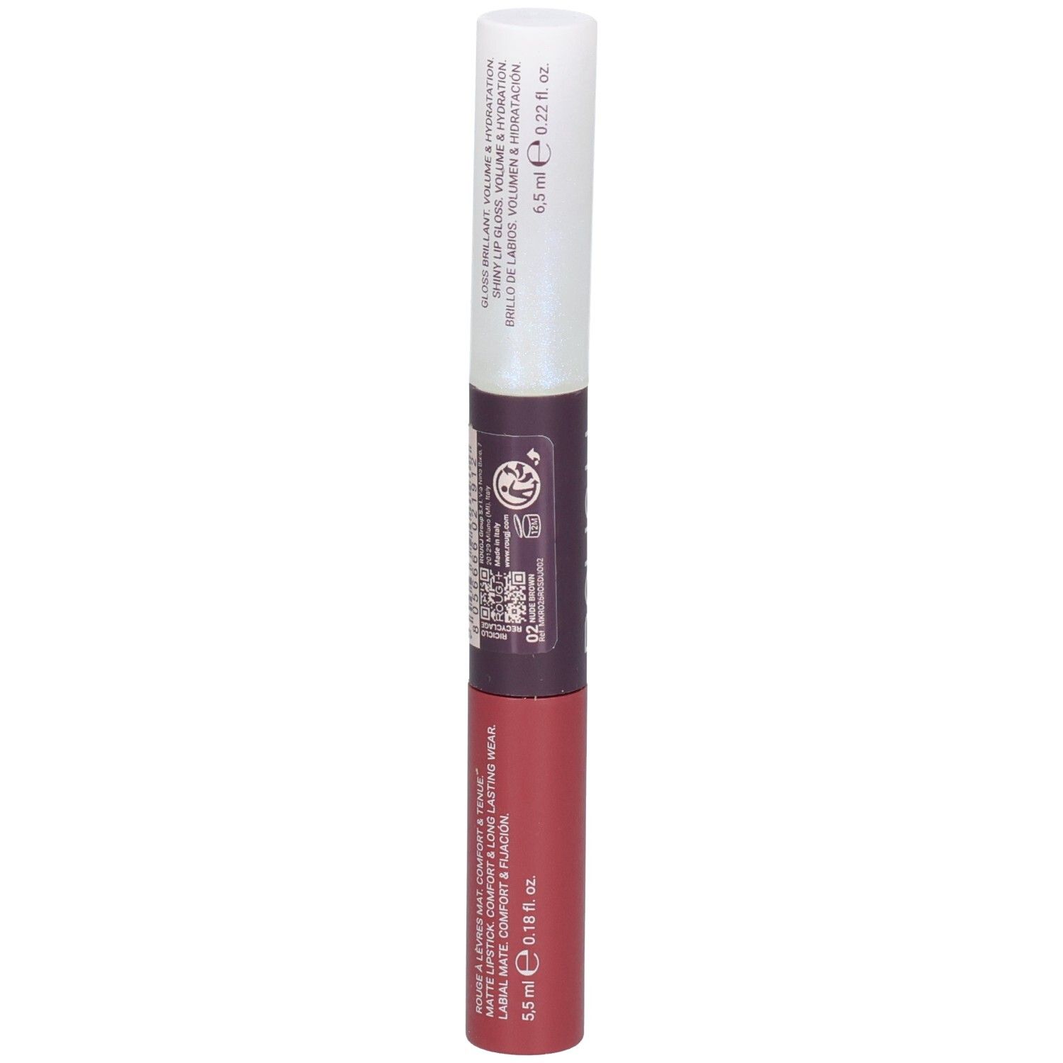 ROUGJ+ 2IN1 Tint&Shine. Gloss 6.5ml, Rouge 5.5ml. Nude Brown. Informations produit sur l'emballage.