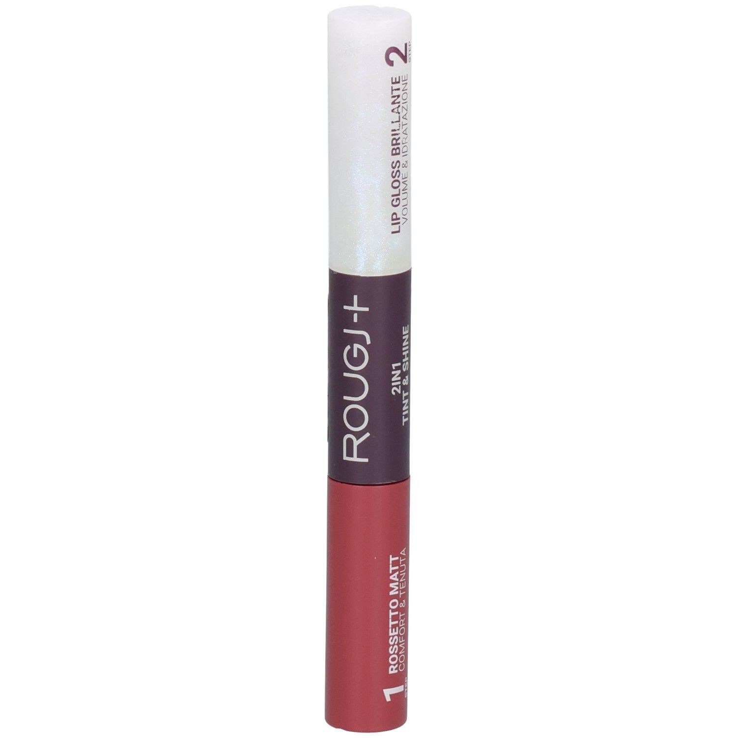 ROUGJ+ 2IN1 Tint&Shine. Étape 1: Rouge à lèvres mat Nude Brown. Étape 2: Gloss brillant.
