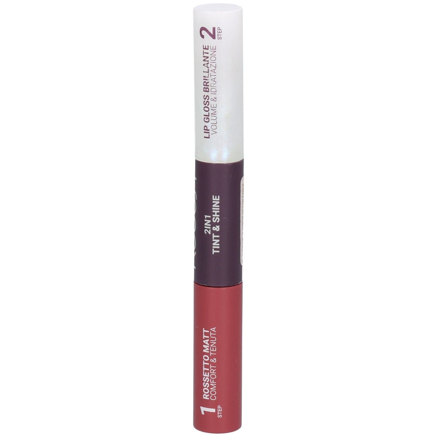 ROUGJ+ 2IN1 Tint&Shine. Étape 1: Rouge à lèvres Mat Nude Brown. Étape 2: Gloss Brillant.