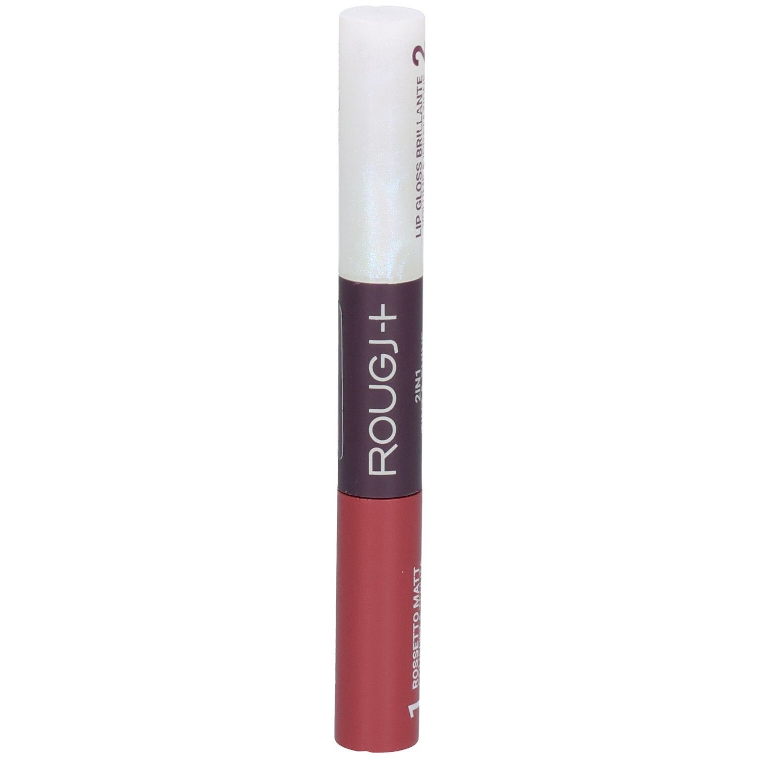 ROUGJ+ 2IN1 Tint&Shine. Rouge à lèvres mat Nude Brown (1) et Gloss (2).
