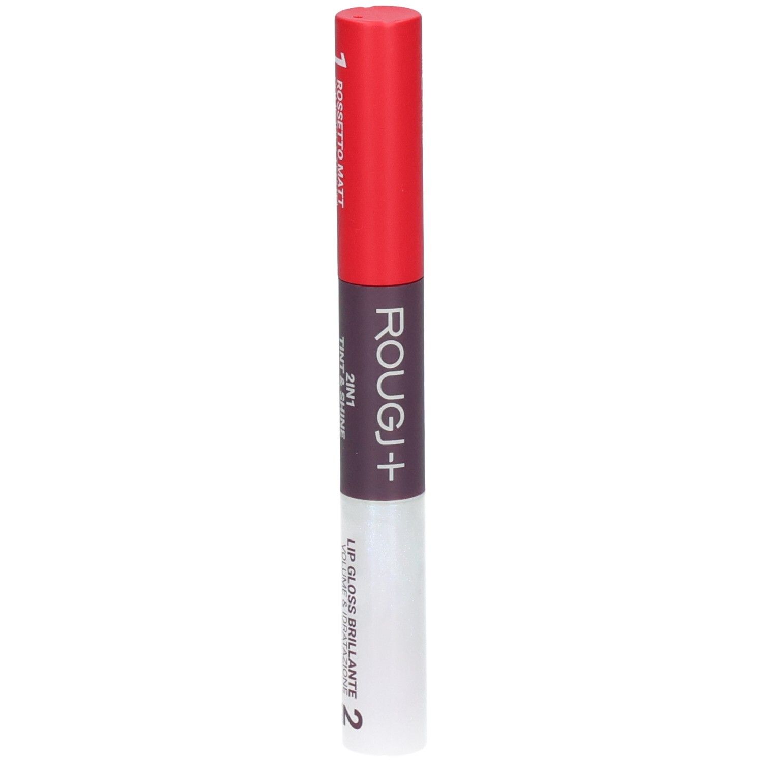 Rouge à lèvres et gloss ROUGJ+ 2EN1 Tint&Shine, rouge et transparent.