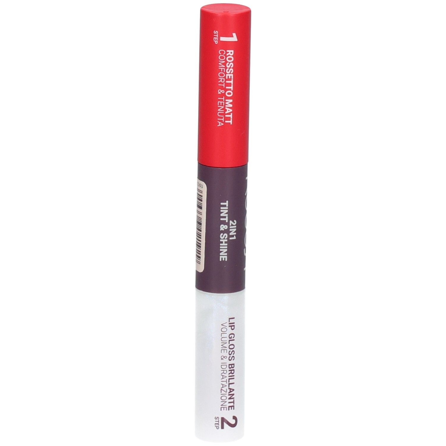 ROUGJ+ 2EN1 Tint&Shine: Rouge à lèvres mat rouge, gloss transparent.