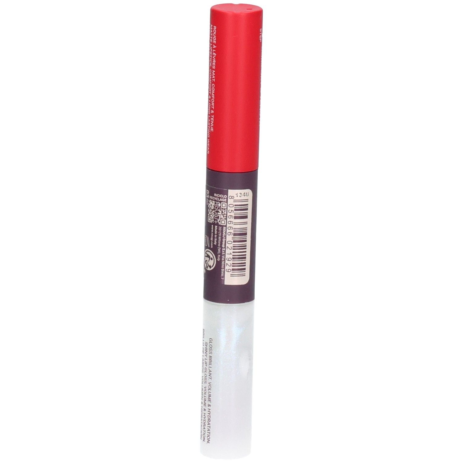 Arrière du rouge à lèvres et gloss ROUGJ+ 2EN1 Tint&Shine.