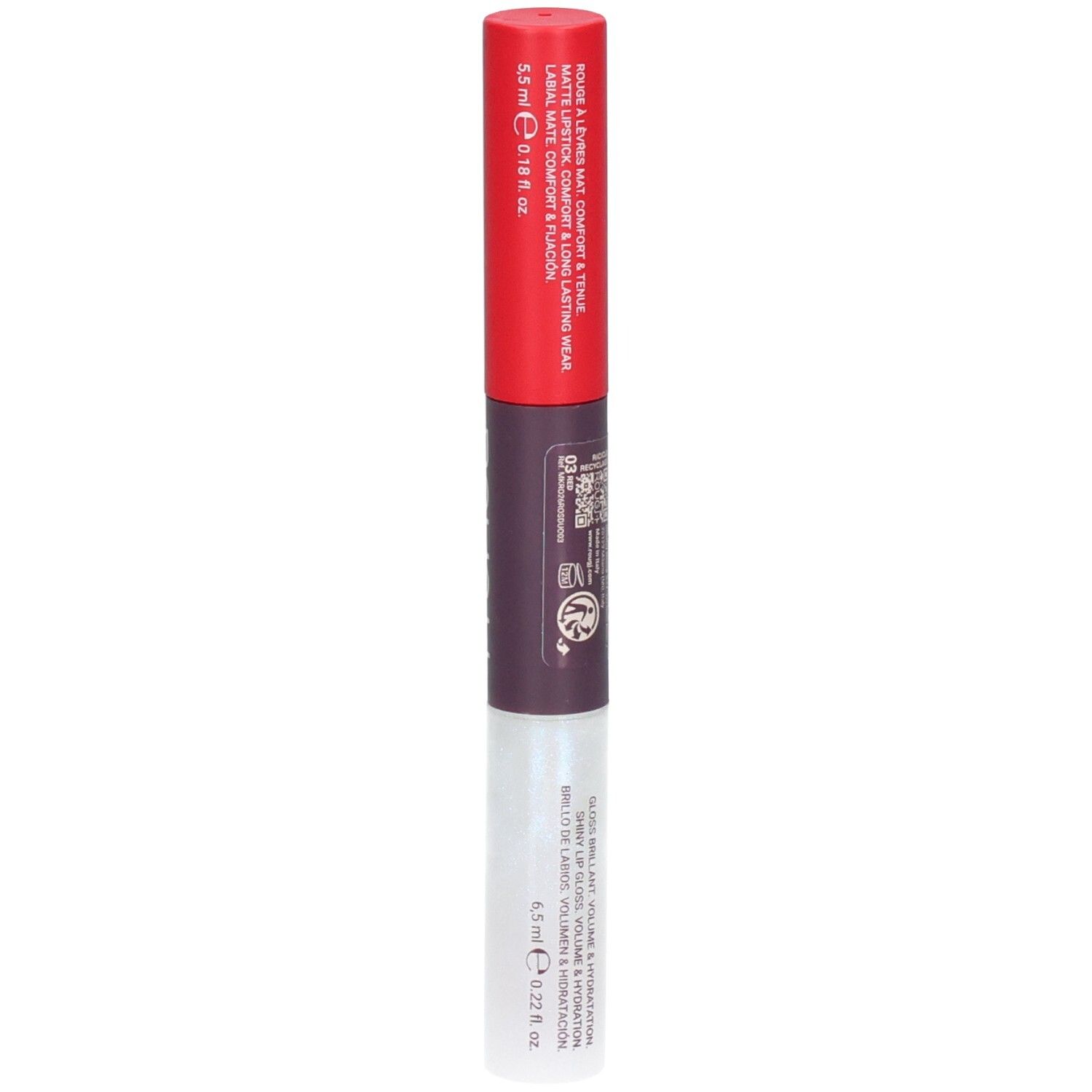 ROUGJ+ 2EN1 Tint&Shine: Rouge à lèvres mat rouge, gloss transparent.