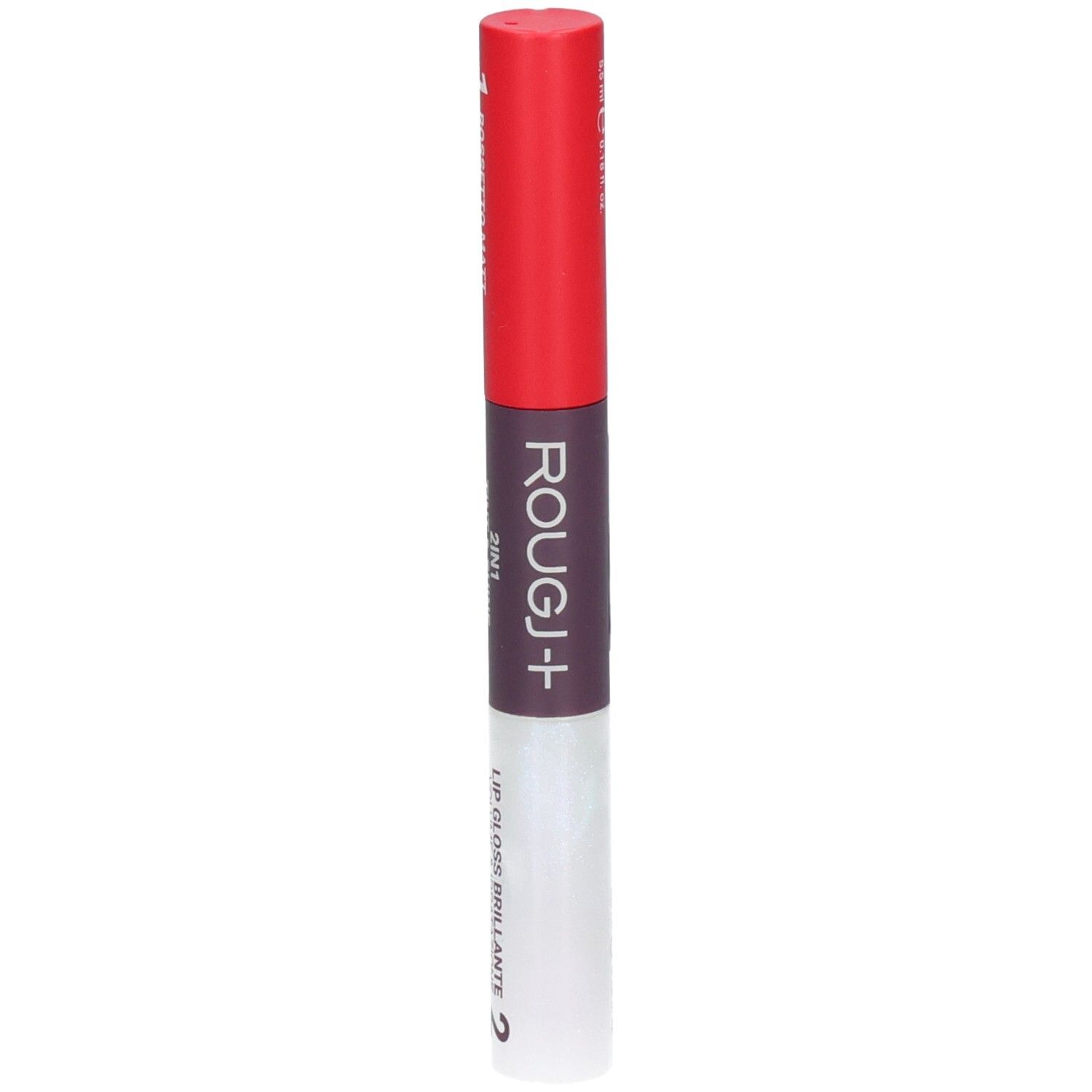 ROUGJ+ 2EN1 Tint&Shine: Rouge à lèvres rouge, gloss transparent.