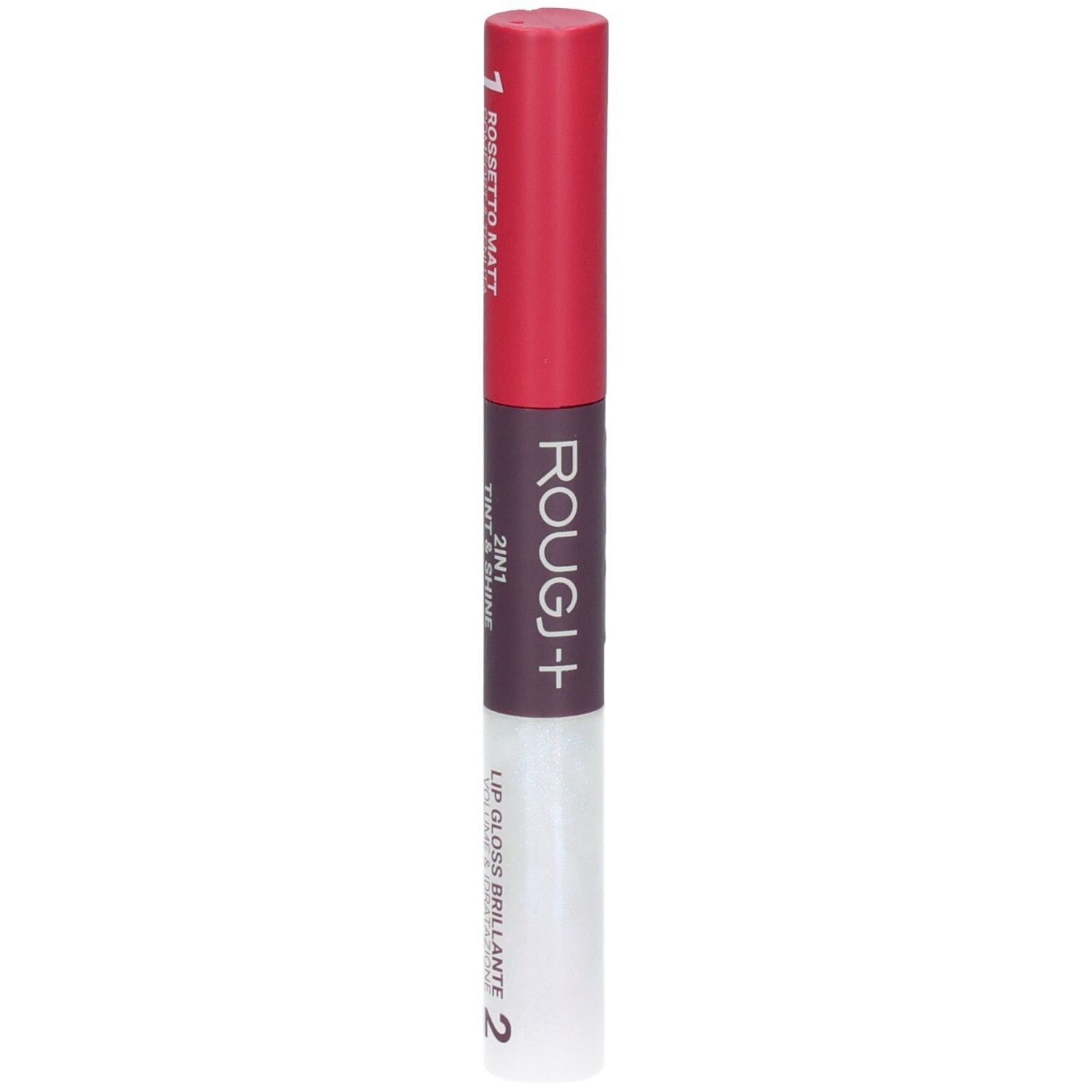 ROUGJ+ 2EN1 Tint&Shine Rouge à lèvres et Gloss Cerise Acide. Rouge mat et gloss transparent.