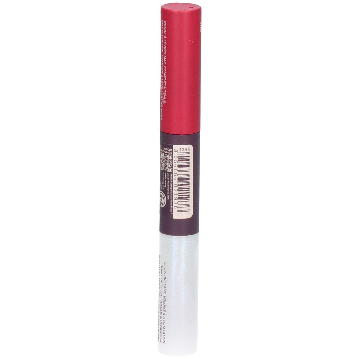 Arrière du rouge à lèvres ROUGJ+ 2EN1 Tint&Shine. Contient un code-barres et des informations produit.