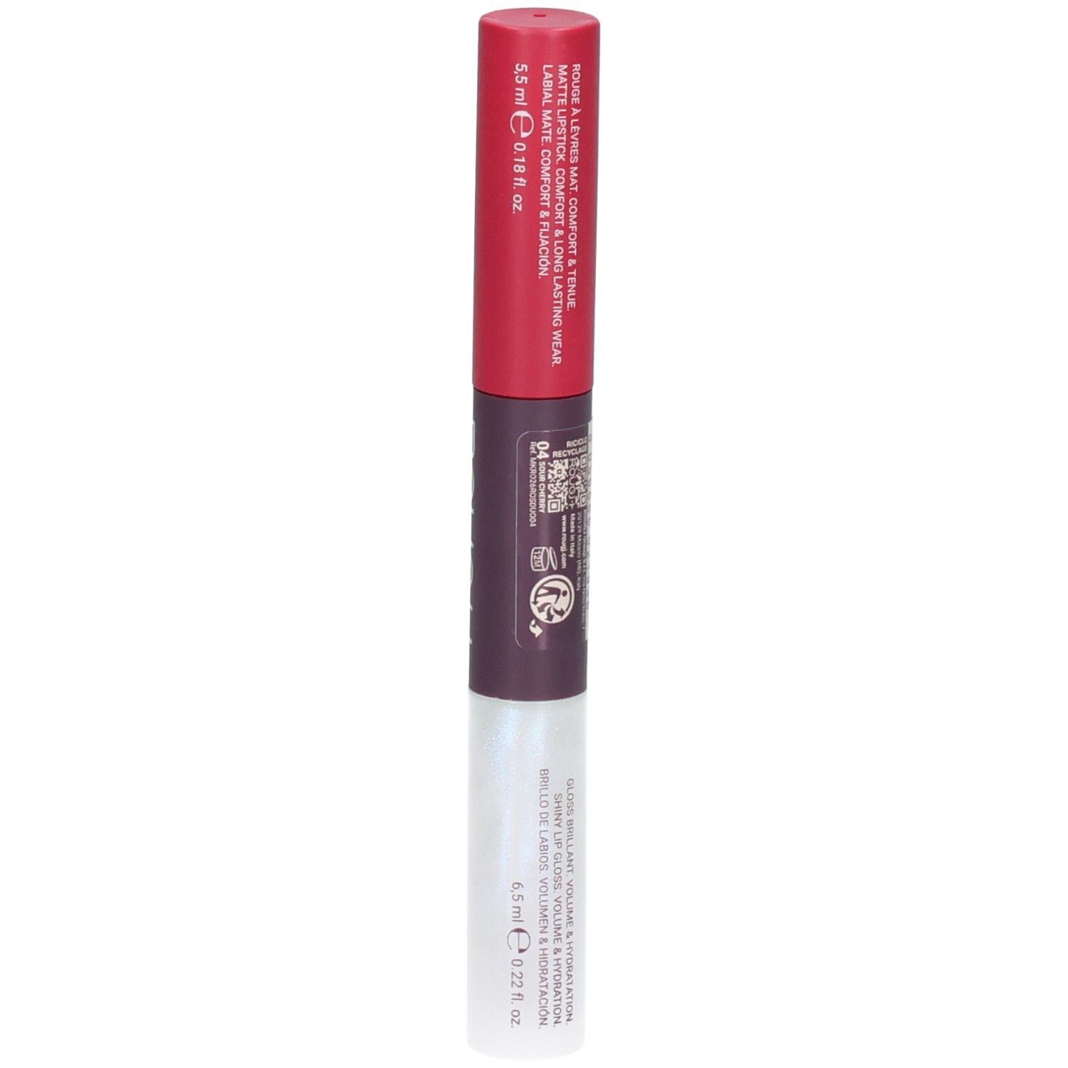ROUGJ+ 2EN1 Tint&Shine: Rouge mat (5.5ml) et Gloss (5.5ml). Couleur Cerise Acide.