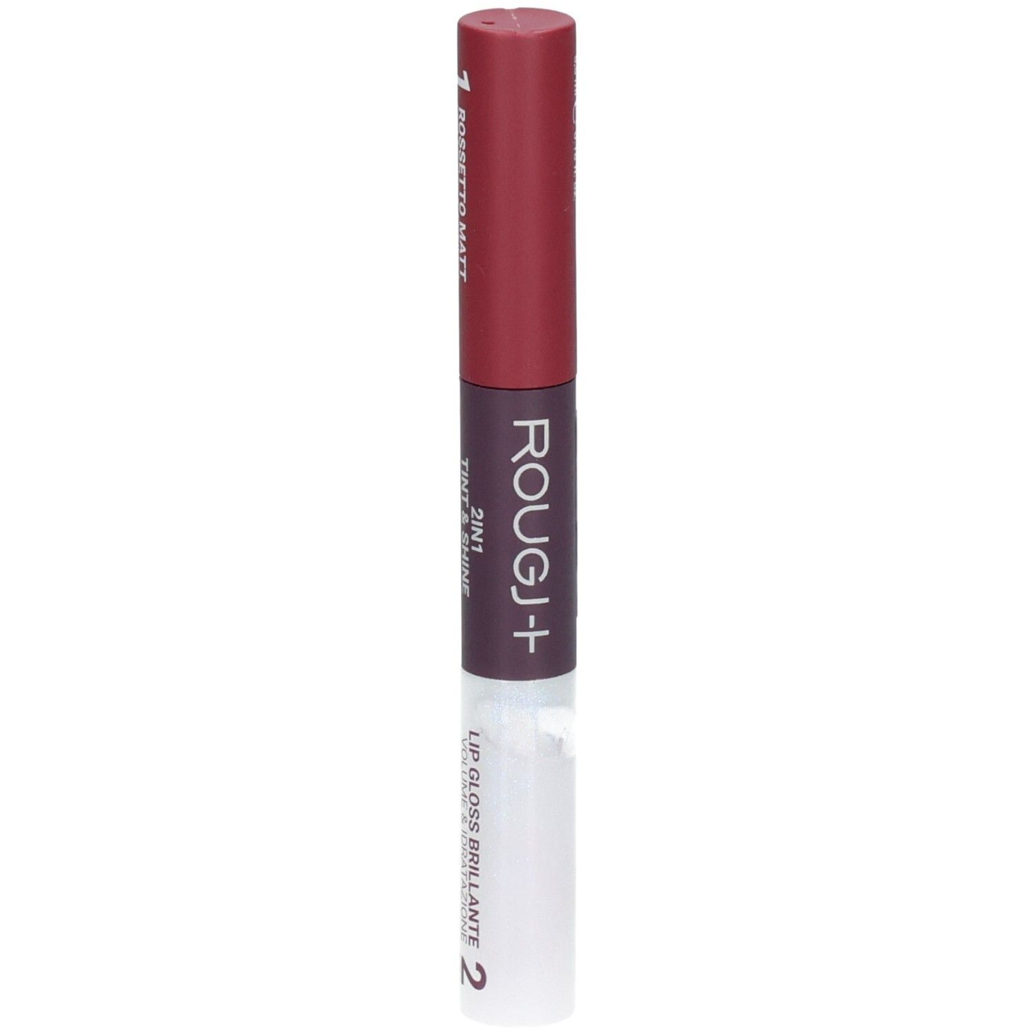 Rouge à lèvres et gloss ROUGJ+ 2EN1 Tint&Shine, teinte bordeaux.