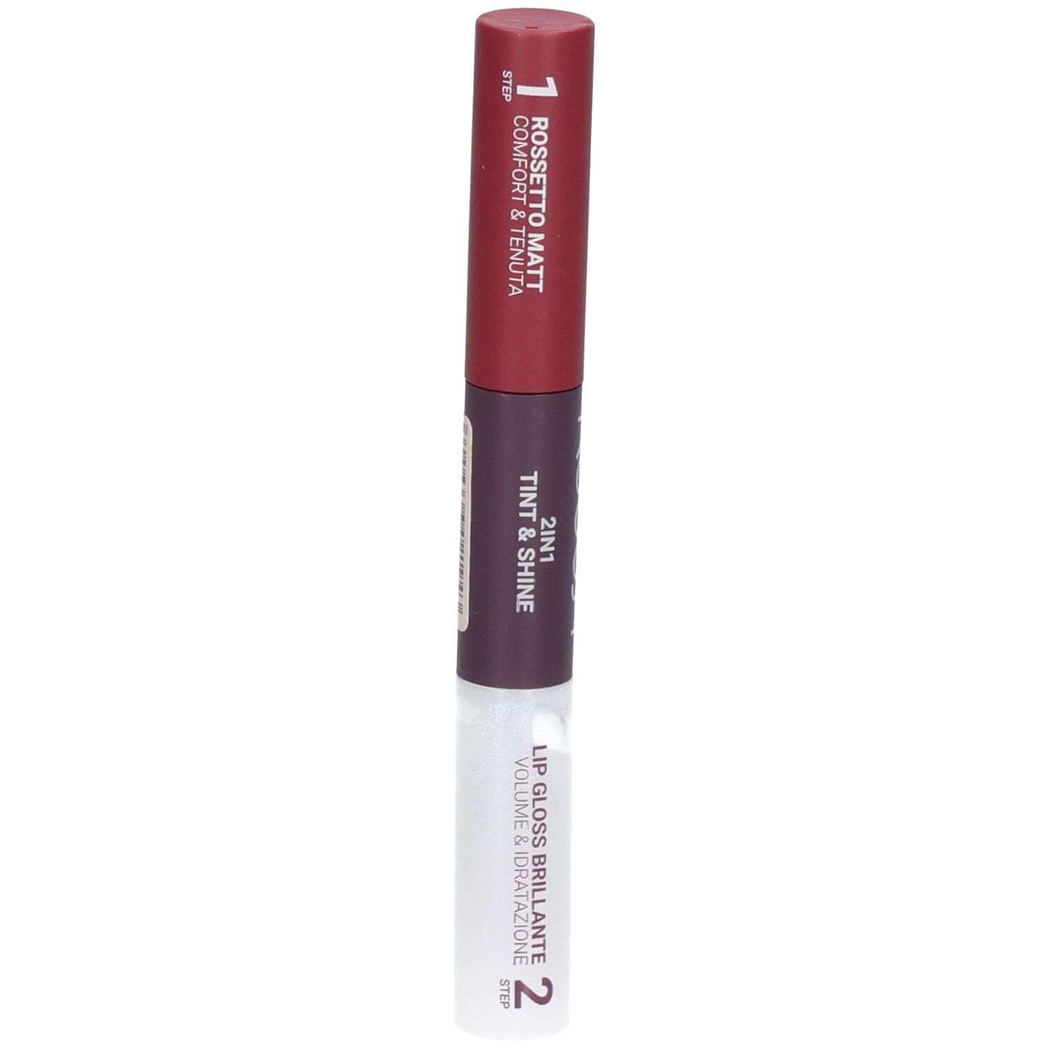 ROUGJ+ 2EN1 Tint&Shine: Rouge à lèvres mat (étape 1) et gloss (étape 2).