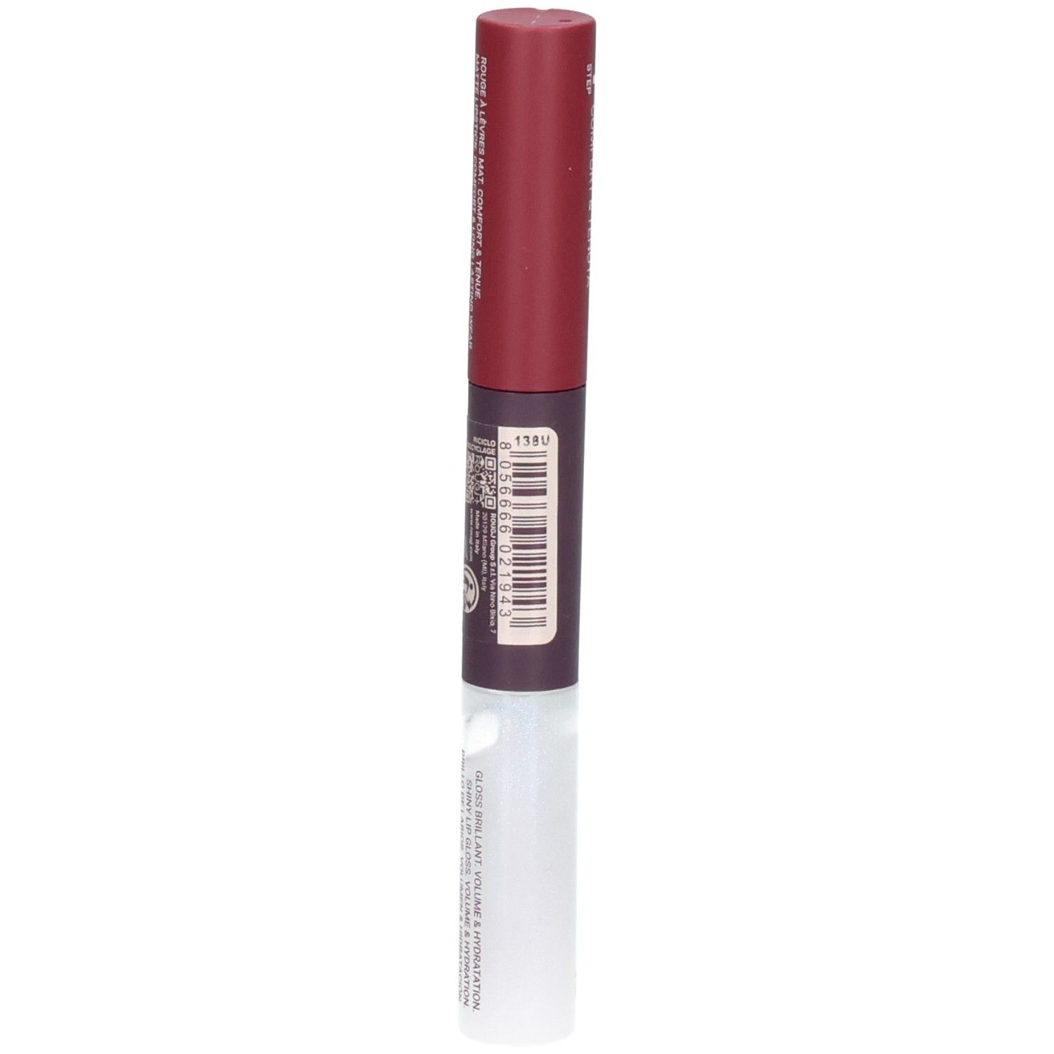 Arrière du ROUGJ+ 2EN1 Tint&Shine avec code-barres et informations produit.