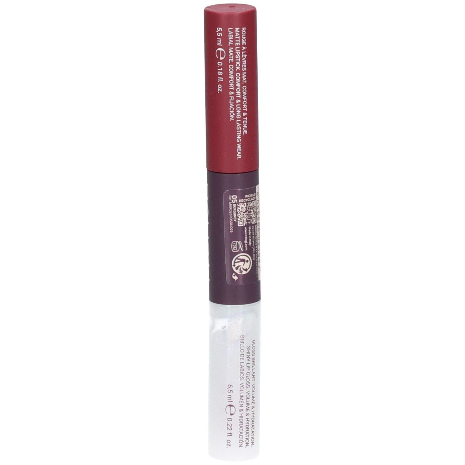 ROUGJ+ 2EN1 Tint&Shine: Rouge à lèvres mat 5,5 ml, Gloss 6,5 ml.