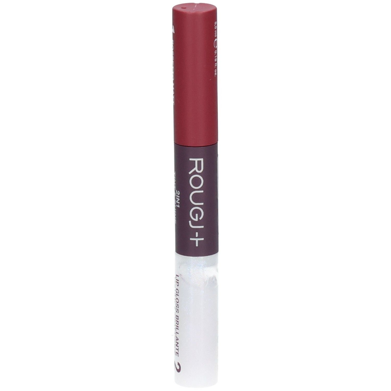 Rouge à lèvres et gloss ROUGJ+ 2EN1 Tint&Shine, teinte bordeaux.