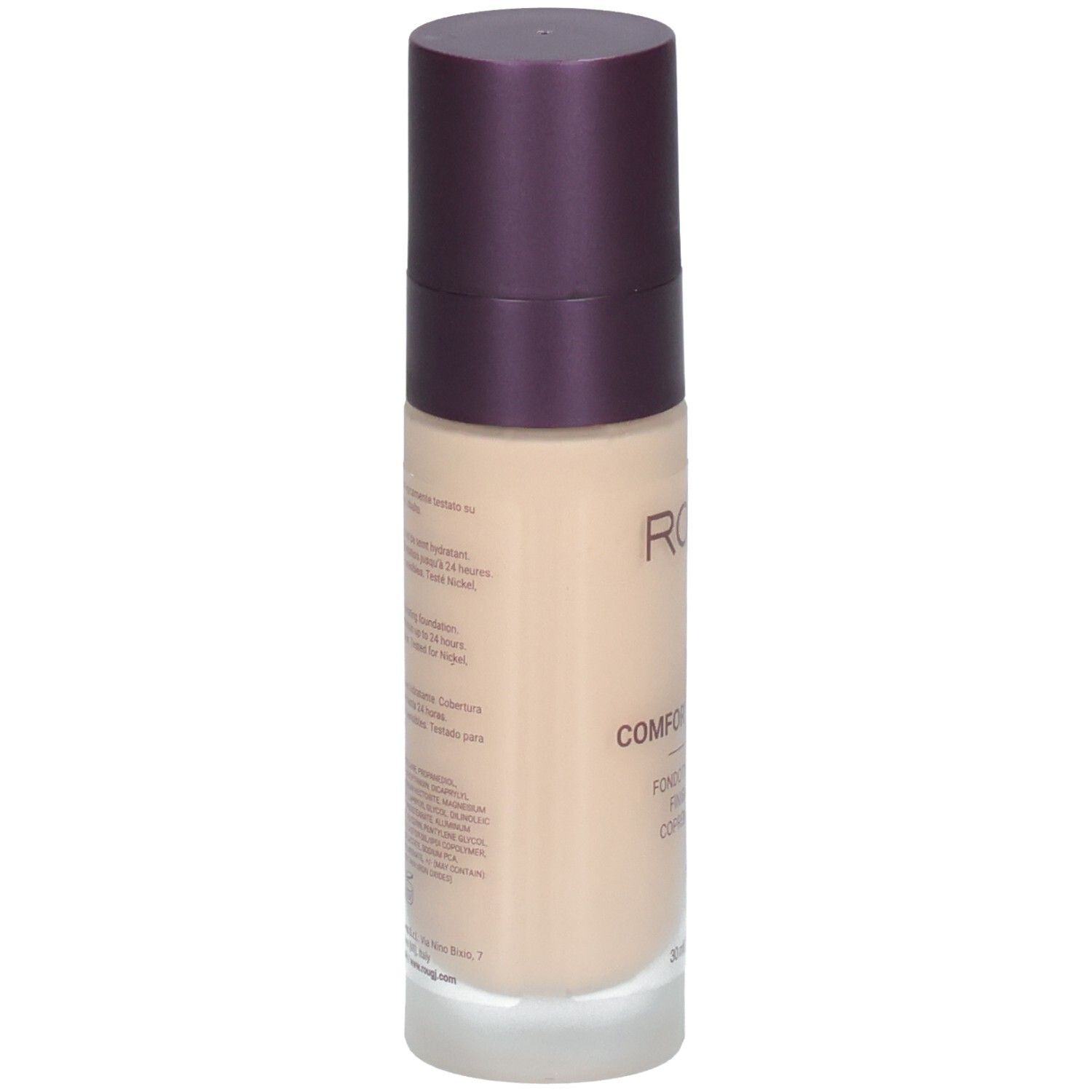 Arrière du flacon ROUGJ+ 2IN1 Comfort & Glow 24H avec liste des ingrédients et instructions.