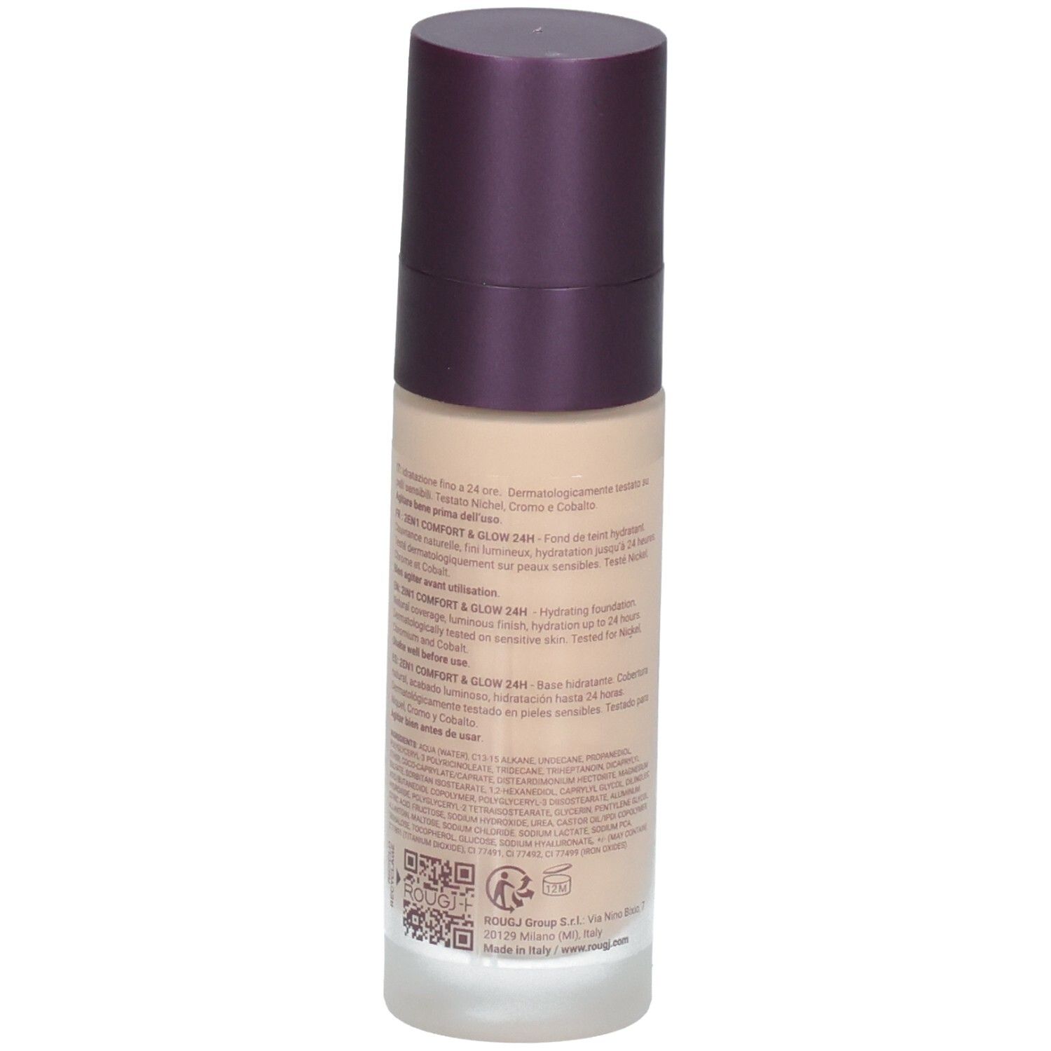 Arrière du flacon ROUGJ+ 2IN1 Comfort & Glow 24H avec QR code et certifications.