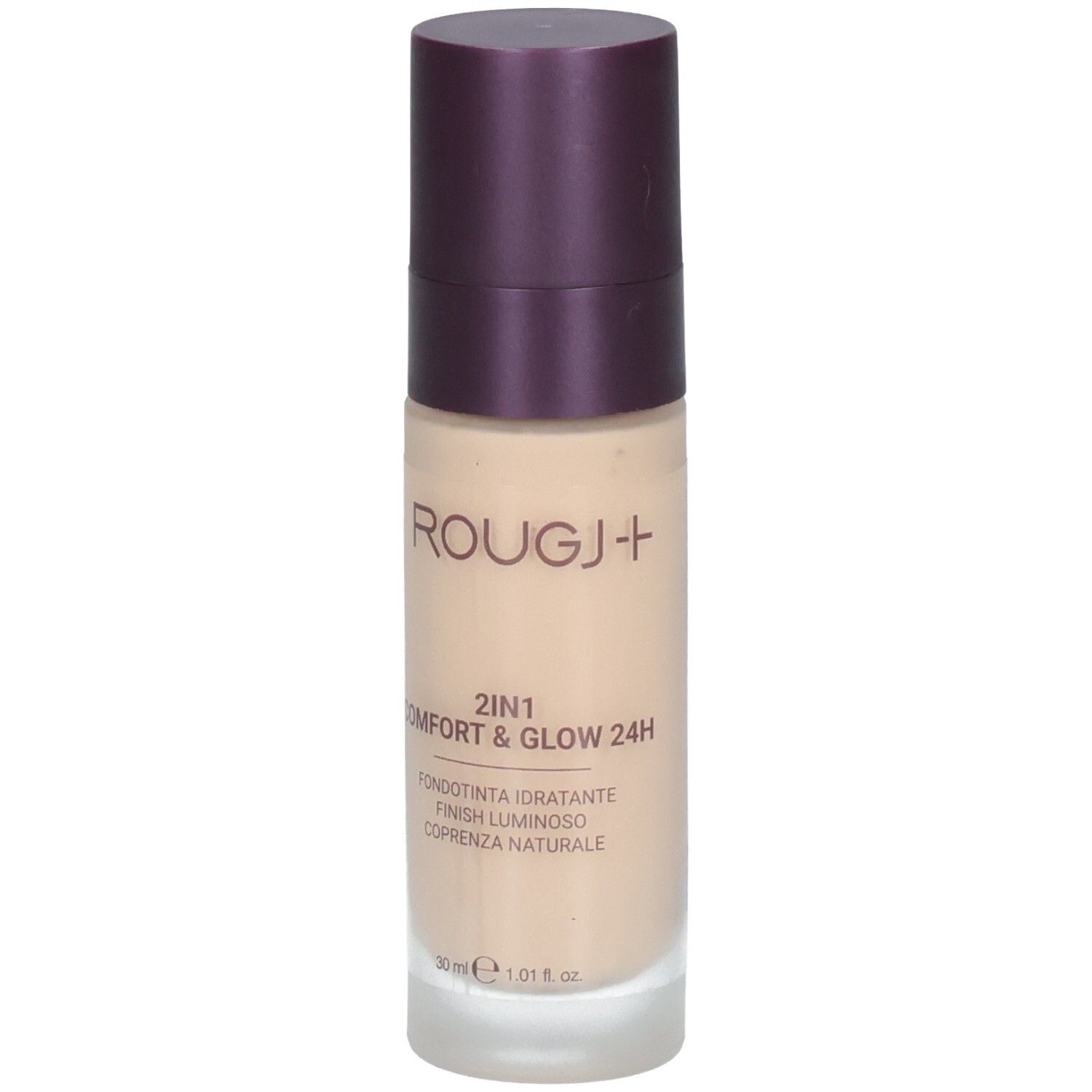 ROUGJ+ 2IN1 Comfort & Glow 24H Fond de teint teinte claire, flacon 30ml avec pompe.
