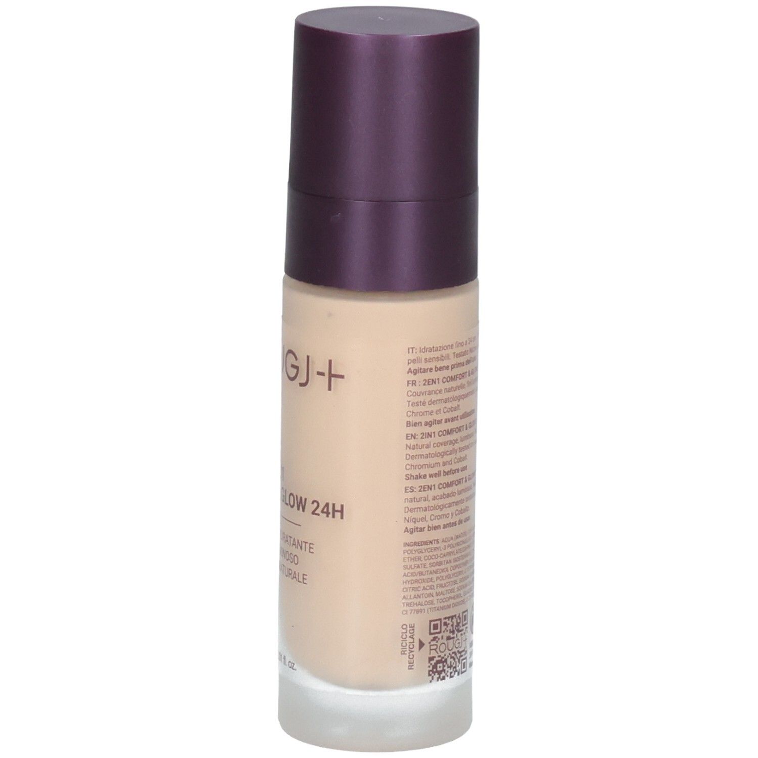 Vue latérale du flacon ROUGJ+ 2IN1 Comfort & Glow 24H avec informations détaillées.