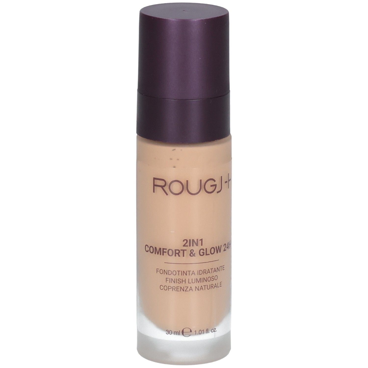 ROUGJ+ 2en1 Comfort & Glow 24H Fond de teint Bronze. Flacon en verre avec pompe et capuchon violet.