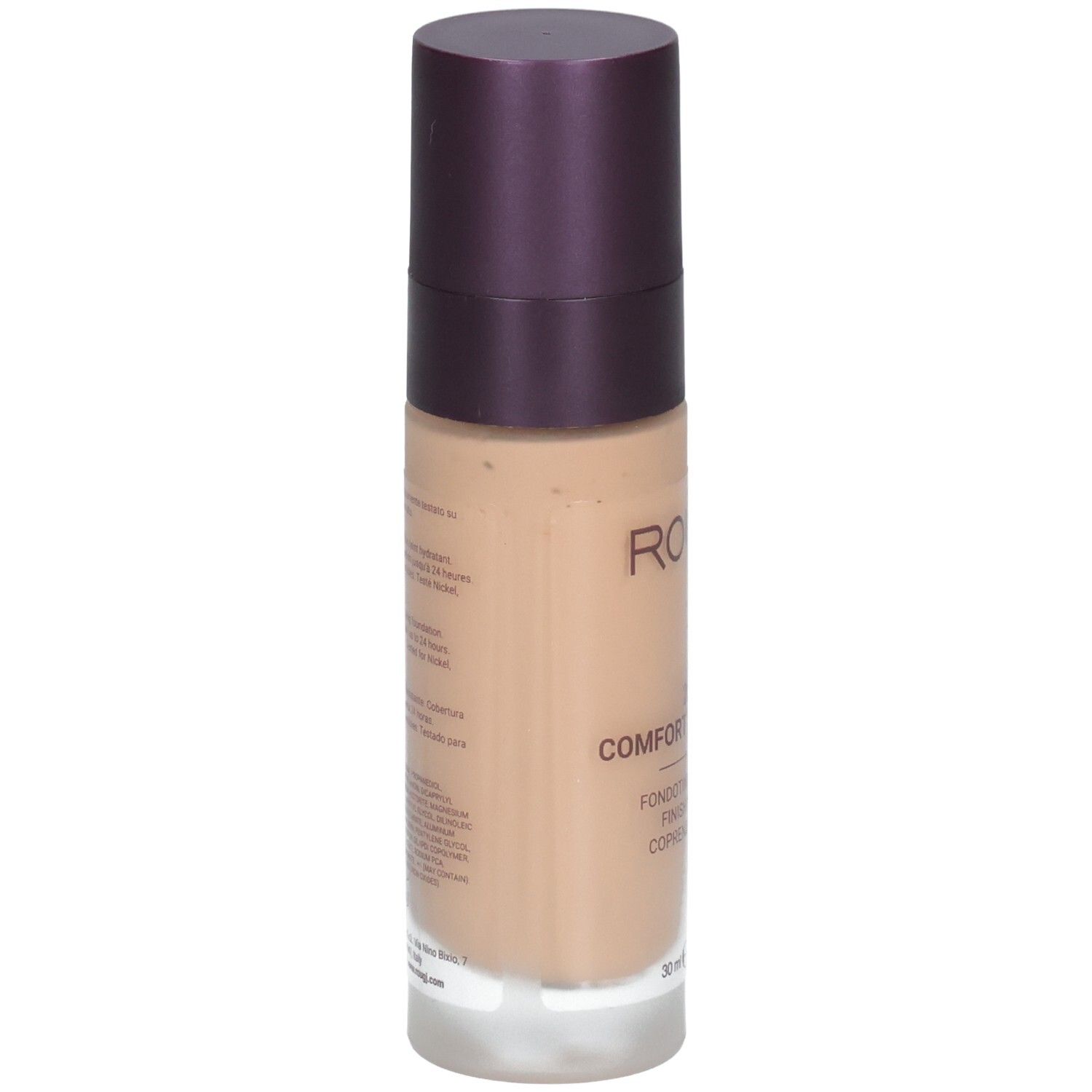 ROUGJ+ 2en1 Comfort & Glow 24H Fond de teint Bronze. Arrière du flacon en verre avec informations produit.