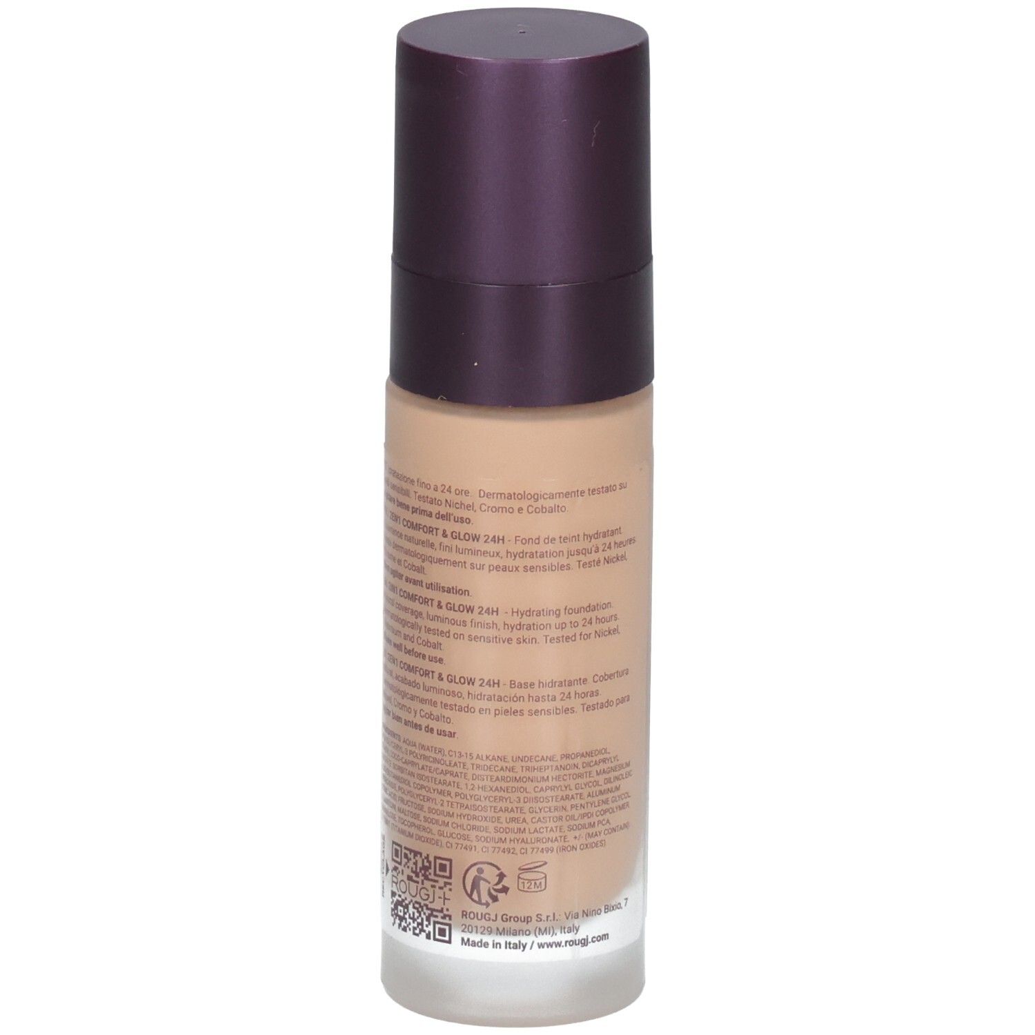 ROUGJ+ 2en1 Comfort & Glow 24H Fond de teint Bronze. Arrière du flacon en verre avec QR code et sceaux.