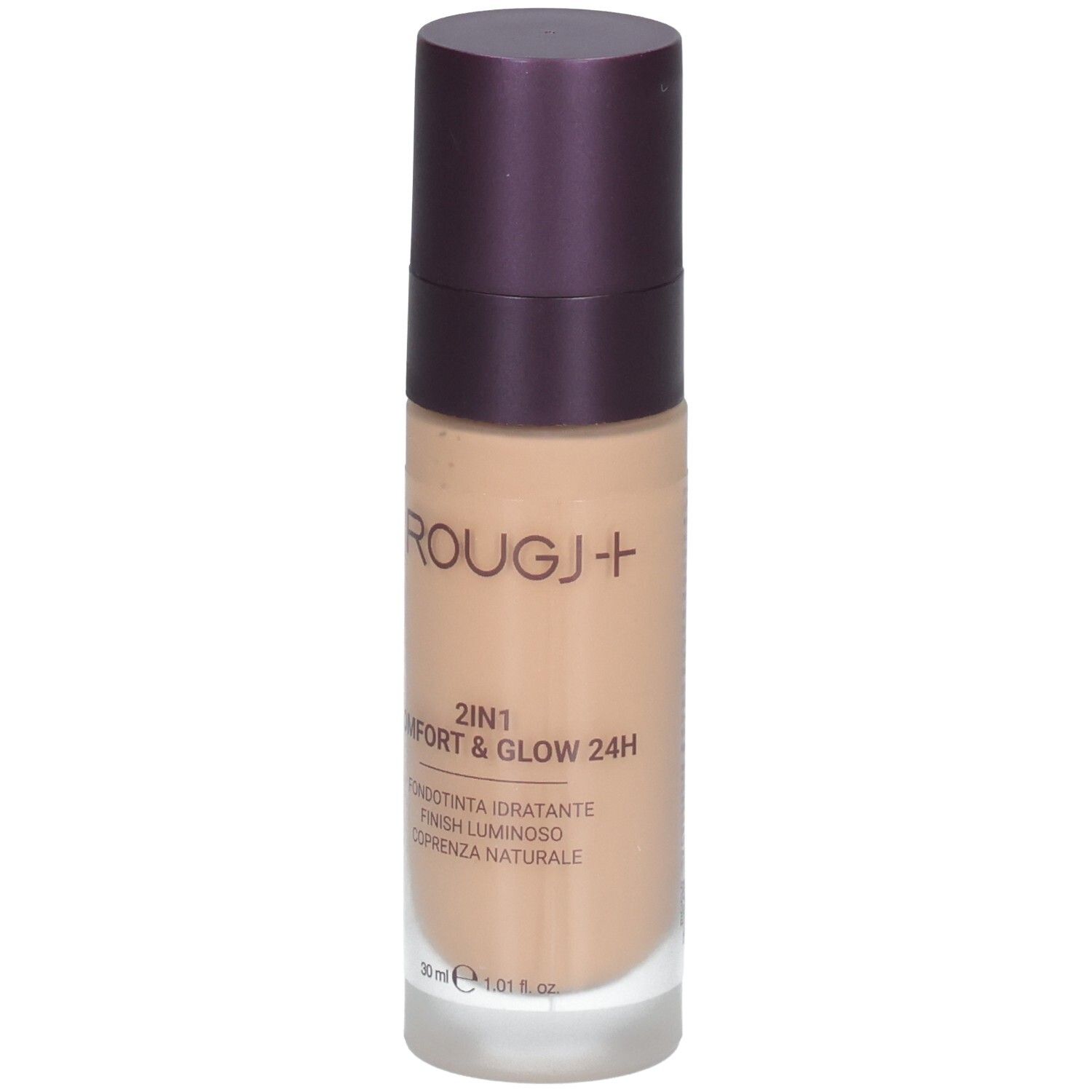 ROUGJ+ 2en1 Comfort & Glow 24H Fond de teint Bronze. Flacon en verre avec pompe et capuchon violet.