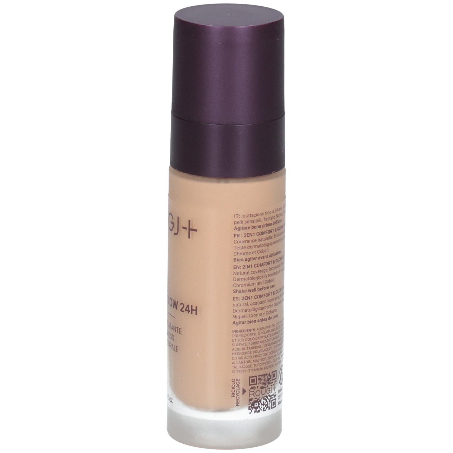 ROUGJ+ 2en1 Comfort & Glow 24H Fond de teint Bronze. Arrière du flacon en verre avec informations produit.