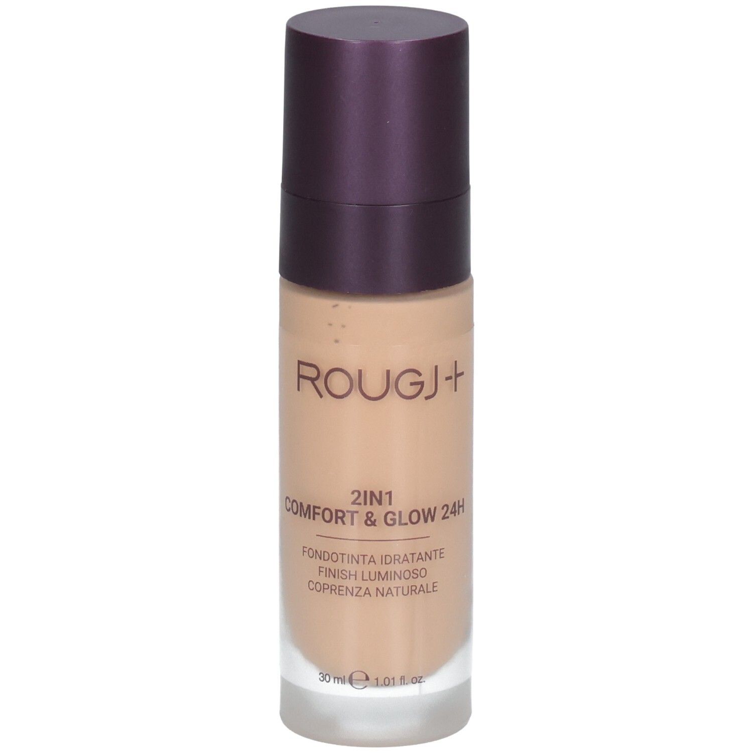 ROUGJ+ 2en1 Comfort & Glow 24H Fond de teint Bronze. Flacon en verre avec pompe et capuchon violet.