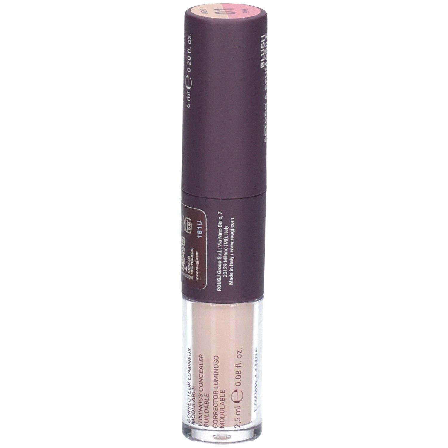Correcteur et blush Rougj+ 2-en-1. Dos avec informations produit et code-barres.