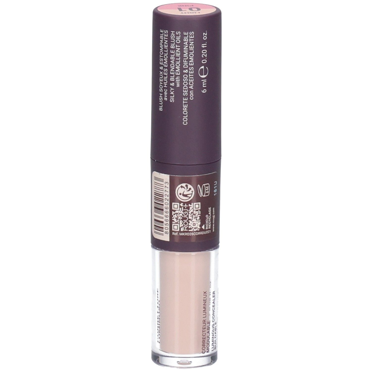 Correcteur et blush Rougj+ 2-en-1. Détails au dos, y compris code QR.
