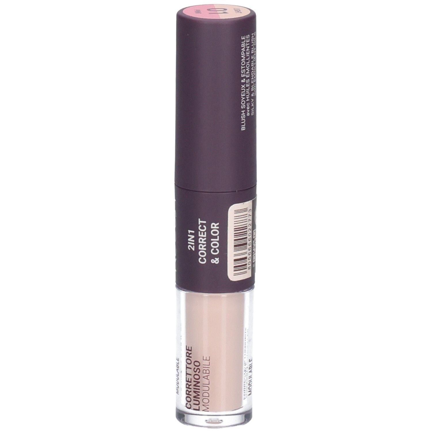 Correcteur et blush Rougj+ 2-en-1. Stylo double embout, couleur claire, texte français.