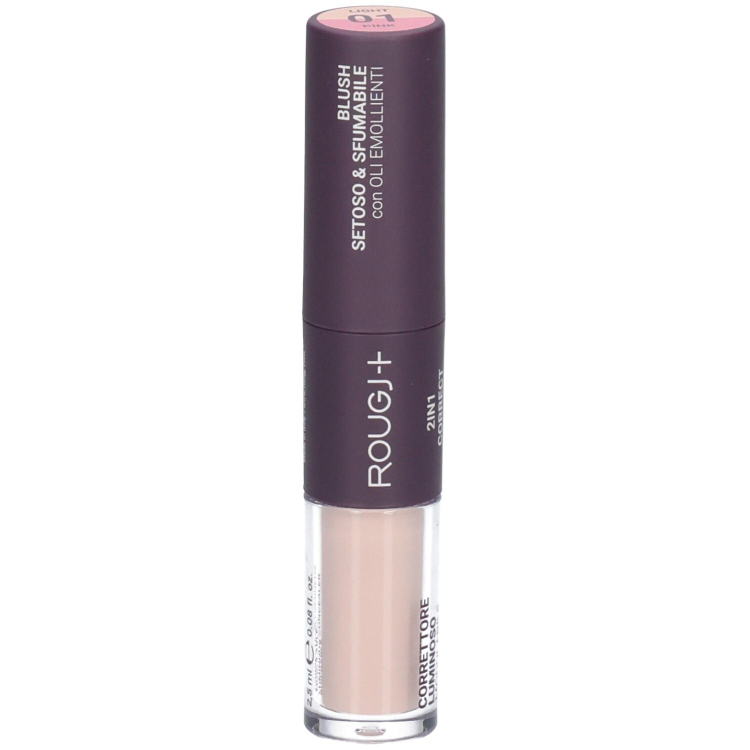 Correcteur et blush Rougj+ 2-en-1. Teint clair, texte en italien.