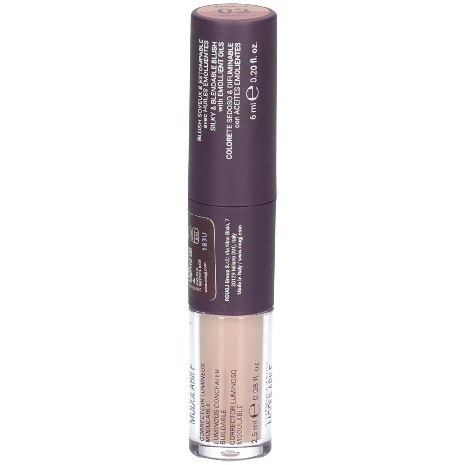 ROUGJ+ Correcteur et Blush 2-en-1. Texte sur l'emballage: 'BLUSH SOYEUX & ESTOMPABLE'.