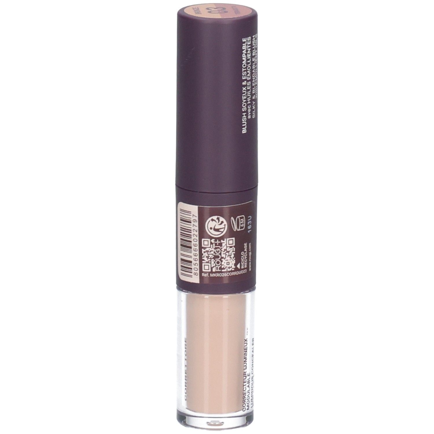 ROUGJ+ Correcteur et Blush 2-en-1. Code-barres et sceau visibles sur l'emballage.
