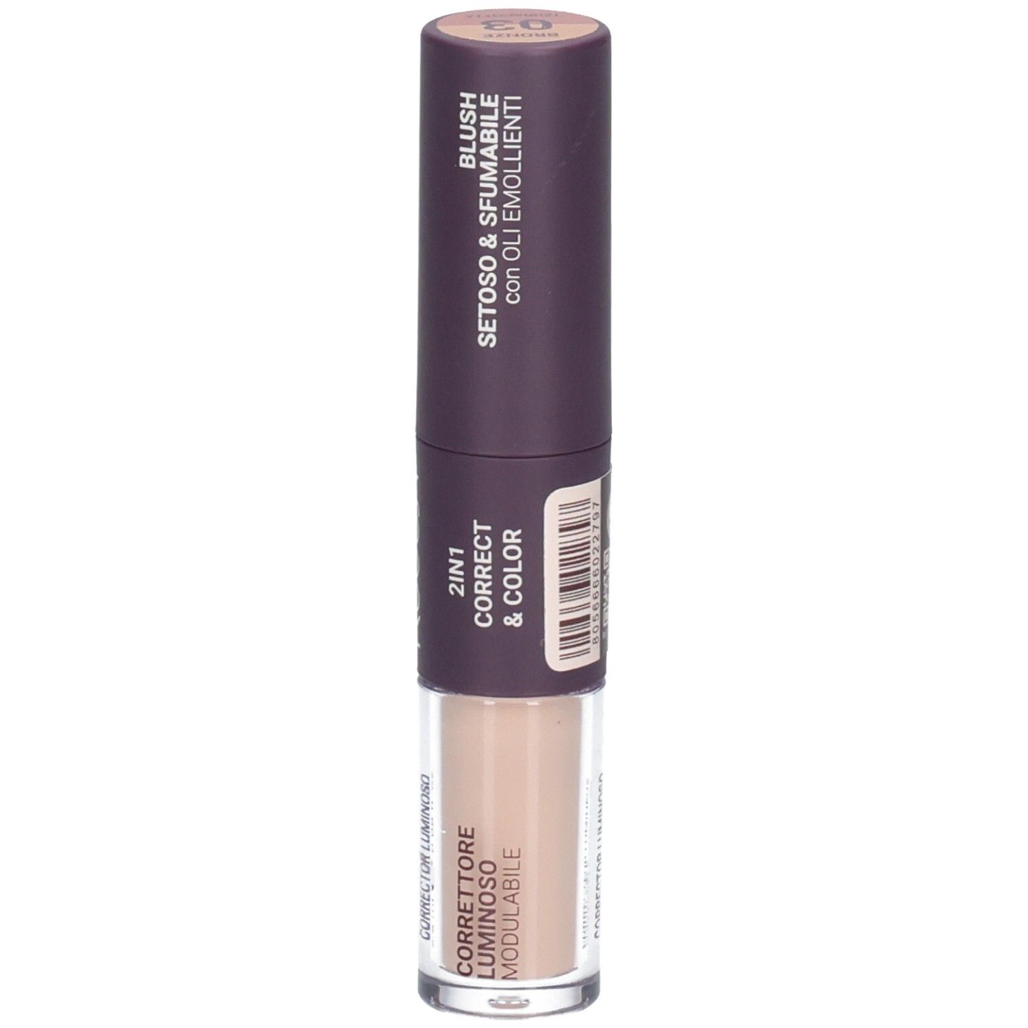 ROUGJ+ Correcteur et Blush 2-en-1. Texte: 'CORRETTORE LUMINOSO MODULABILE'.