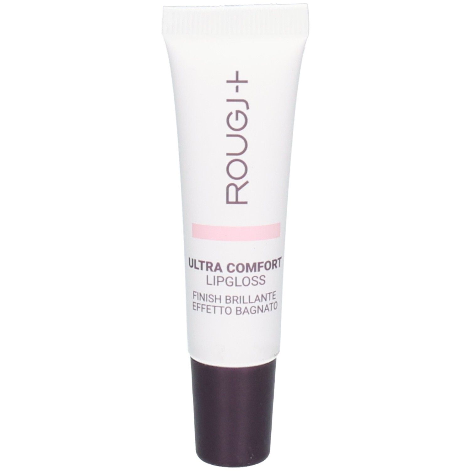 ROUGJ+ Ultra Comfort Lipgloss dans un tube blanc avec applicateur foncé. Bande rose avec texte.