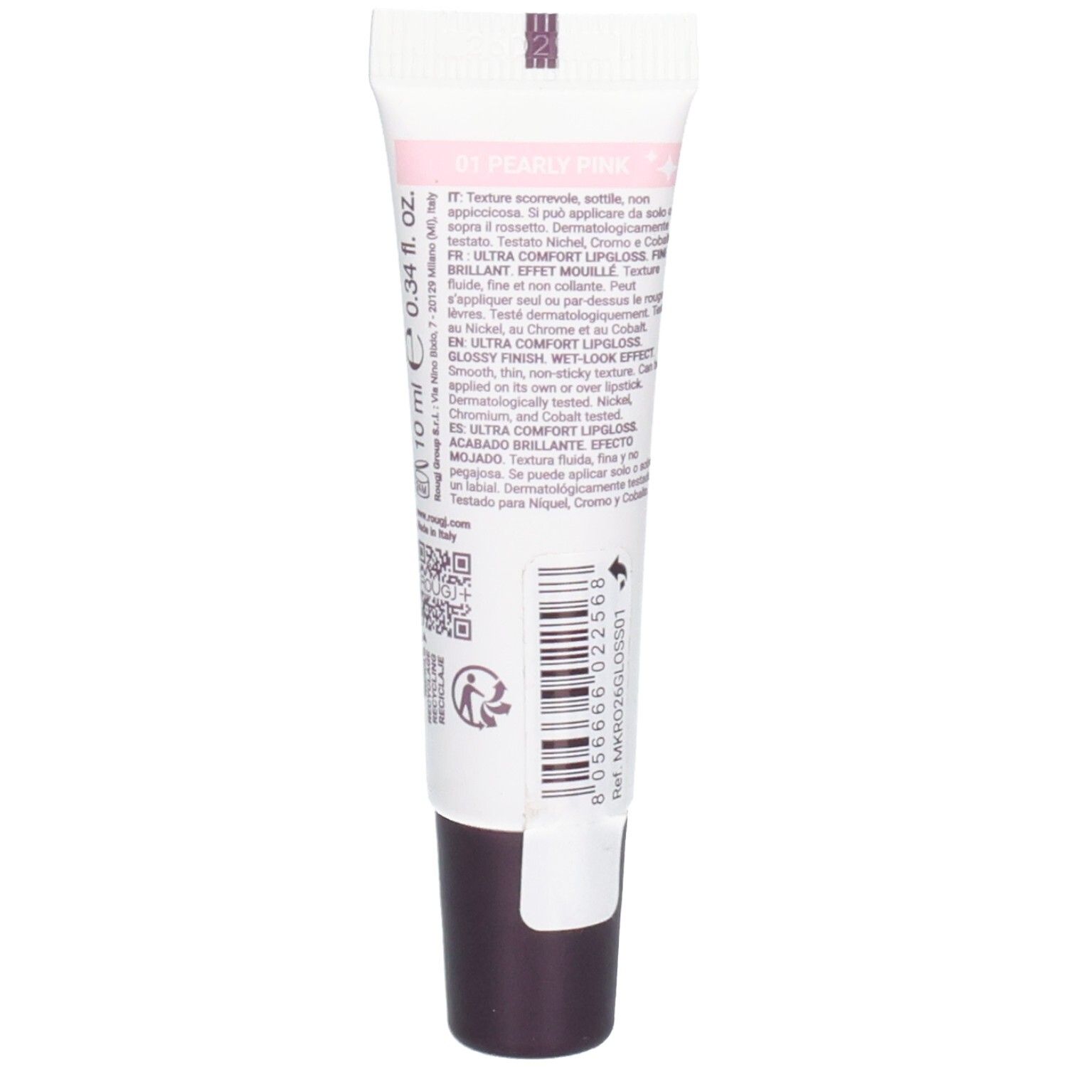 Tube ROUGJ+ Ultra Comfort Lipgloss avec informations produit et code-barres. 10 ml.