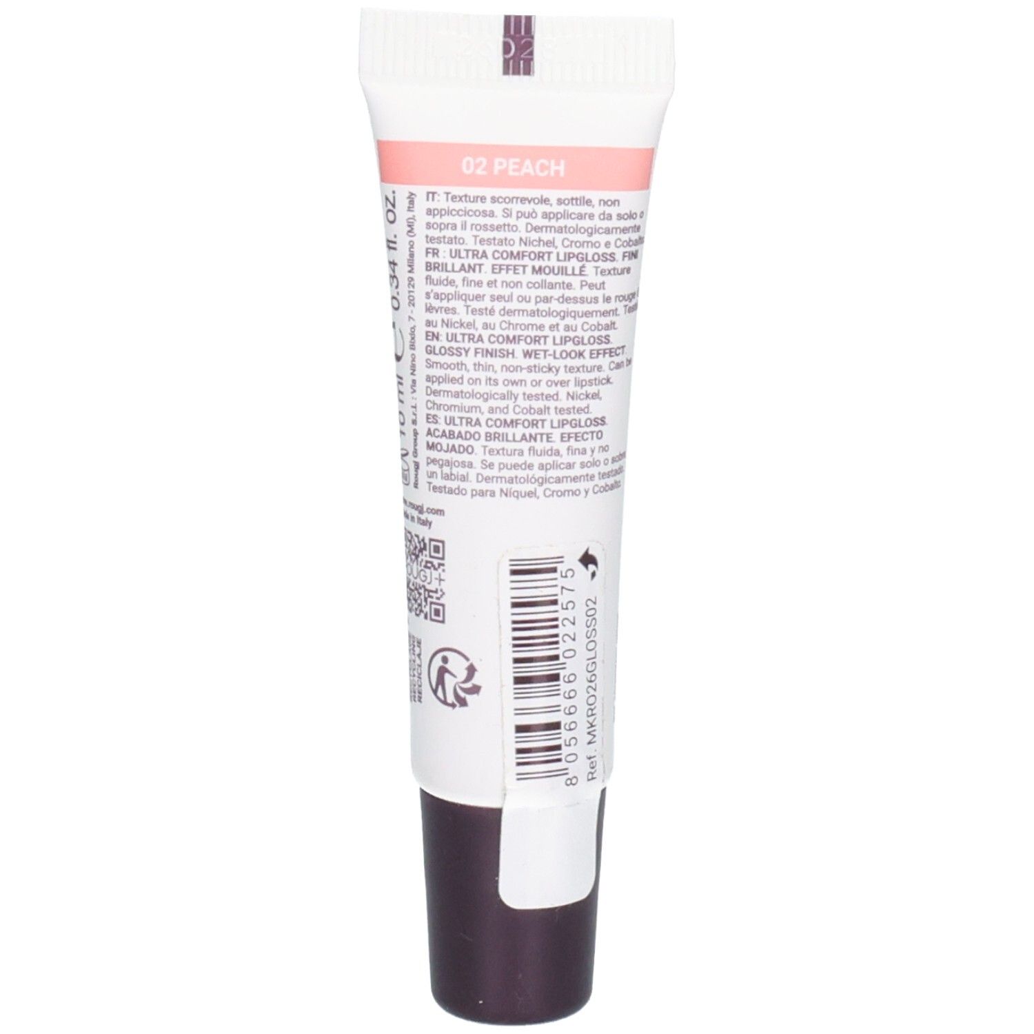 Arrière du tube de Rouge à Lèvres Ultra Confort ROUGJ+, 02 Pêche.