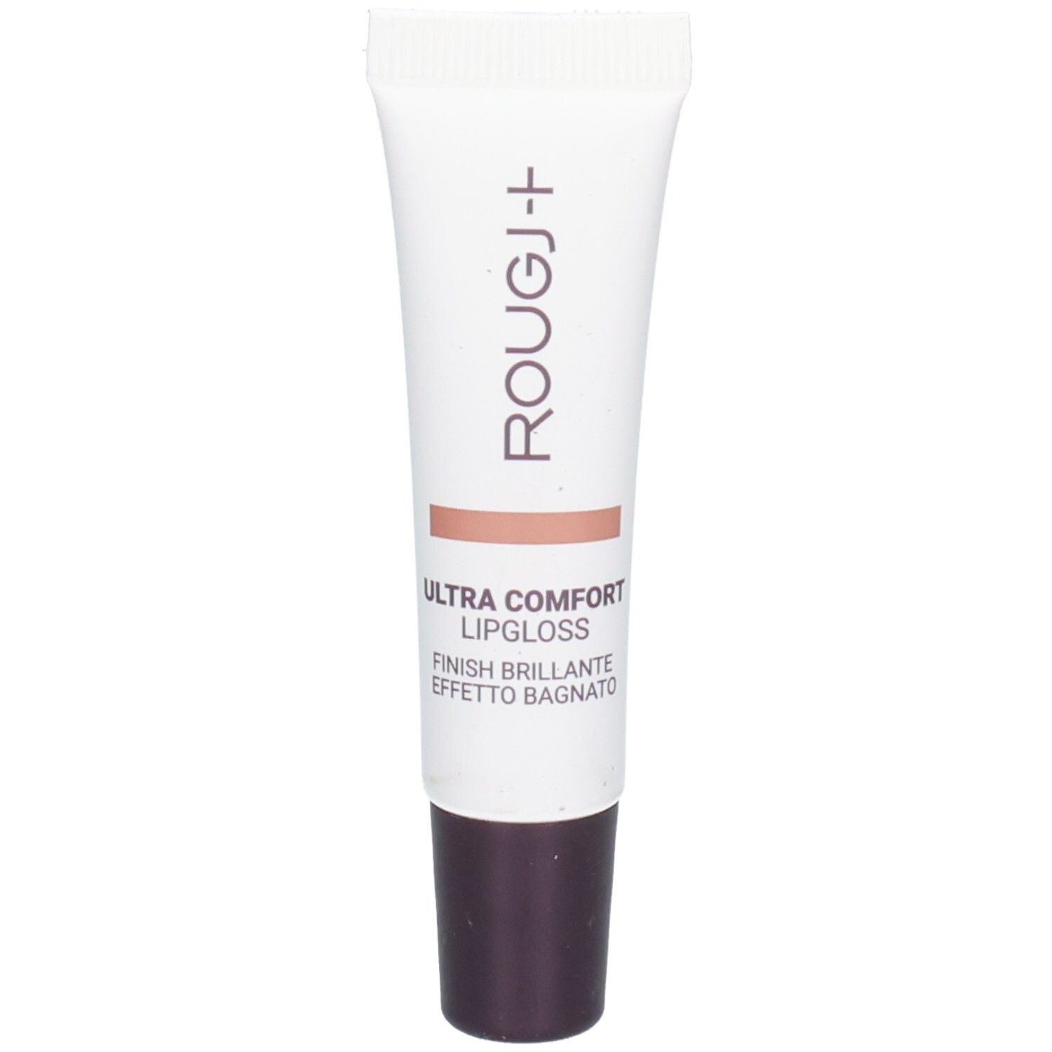 ROUGJ+ Ultra Comfort Lipgloss teinte nude clair. Tube blanc avec applicateur foncé.