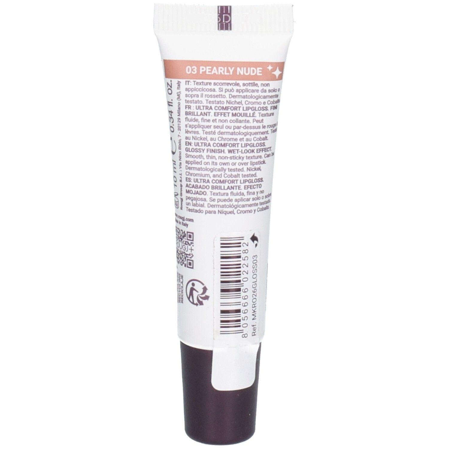 ROUGJ+ Ultra Comfort Lipgloss 03 Pearly Nude. Dos avec informations produit et code-barres.