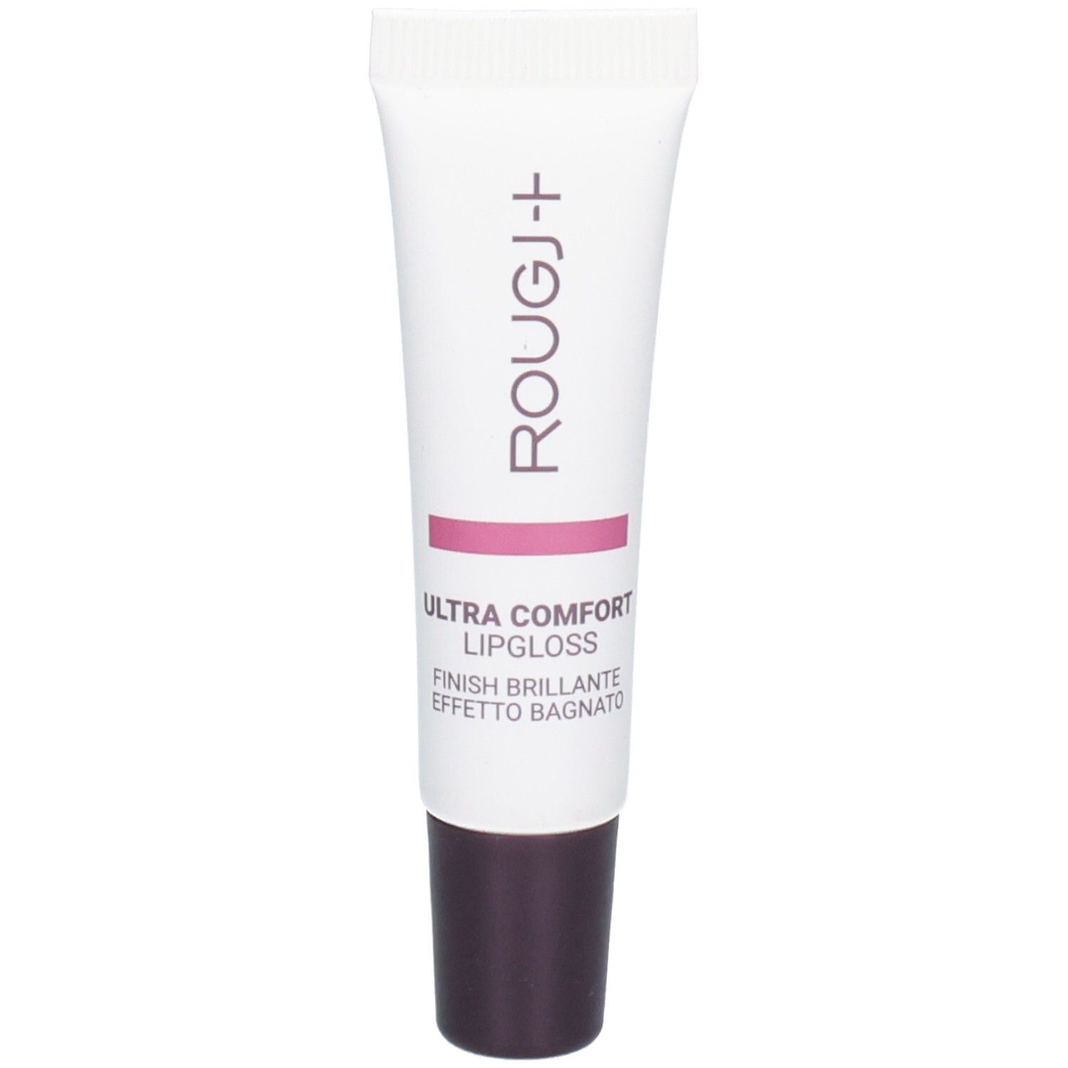 Tube de Rouge à Lèvres Ultra Confort ROUGJ+ avec applicateur foncé. Bandeau rose avec le nom du produit.