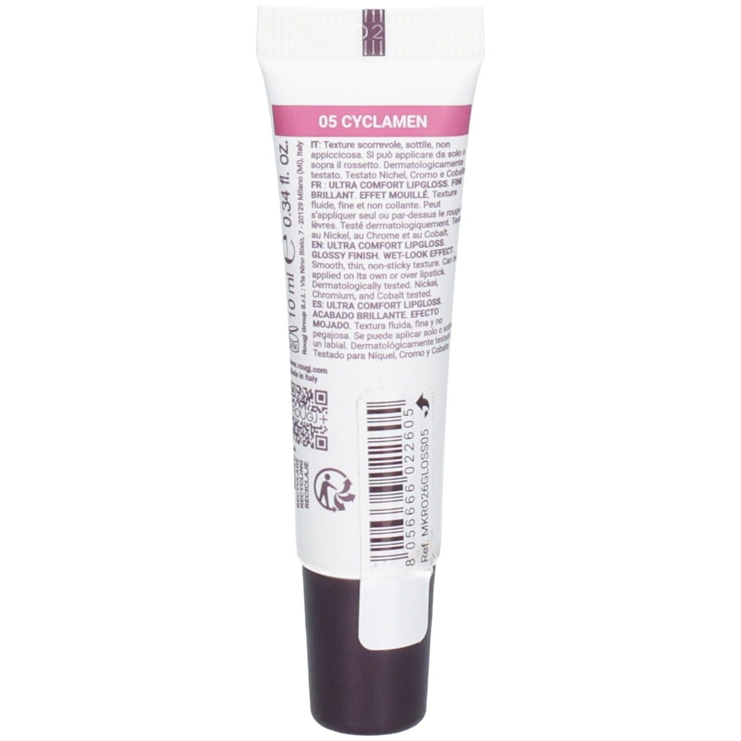 Tube de Rouge à Lèvres Ultra Confort ROUGJ+ avec applicateur foncé. Arrière avec informations produit et code-barres.