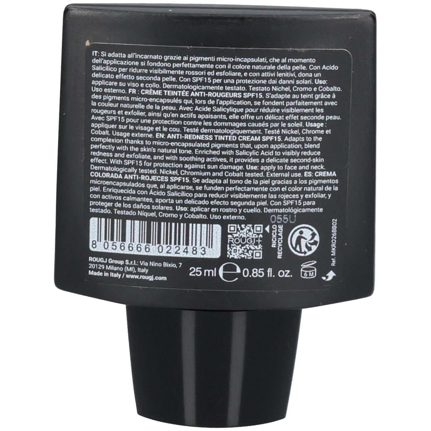 Arrière de la crème teintée ROUGJ+ BB Magic SPF15 Anti-Rougeurs avec informations produit et code-barres.