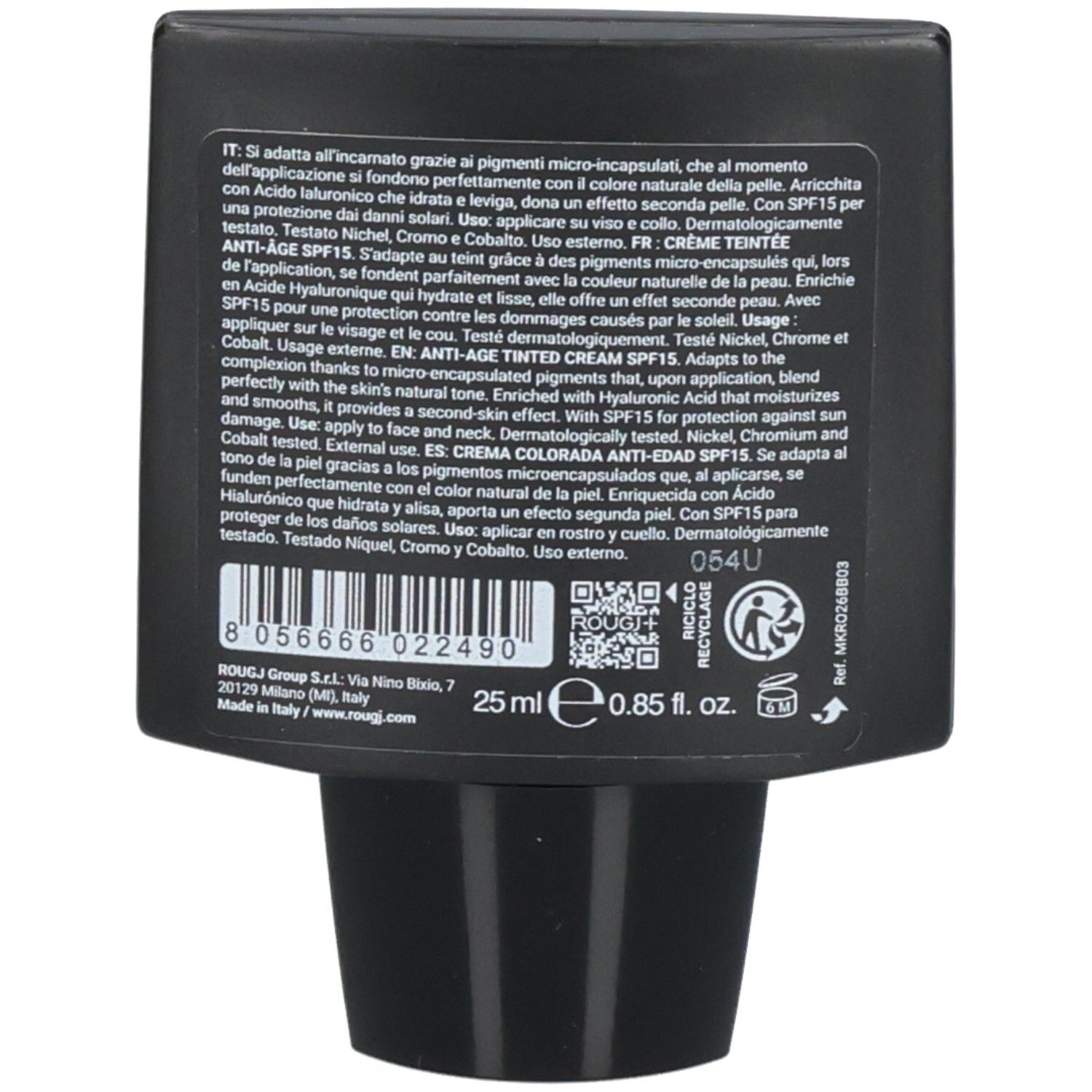Arrière du flacon ROUGJ+ BB Magic Crème Colorée SPF15 Anti-Âge avec informations produit et code-barres.