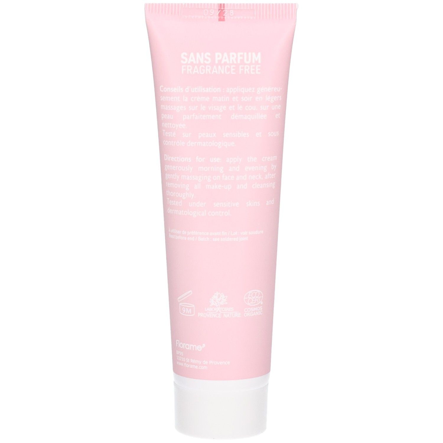 Arrière d'un tube de crème hydratante Florame, sans parfum.