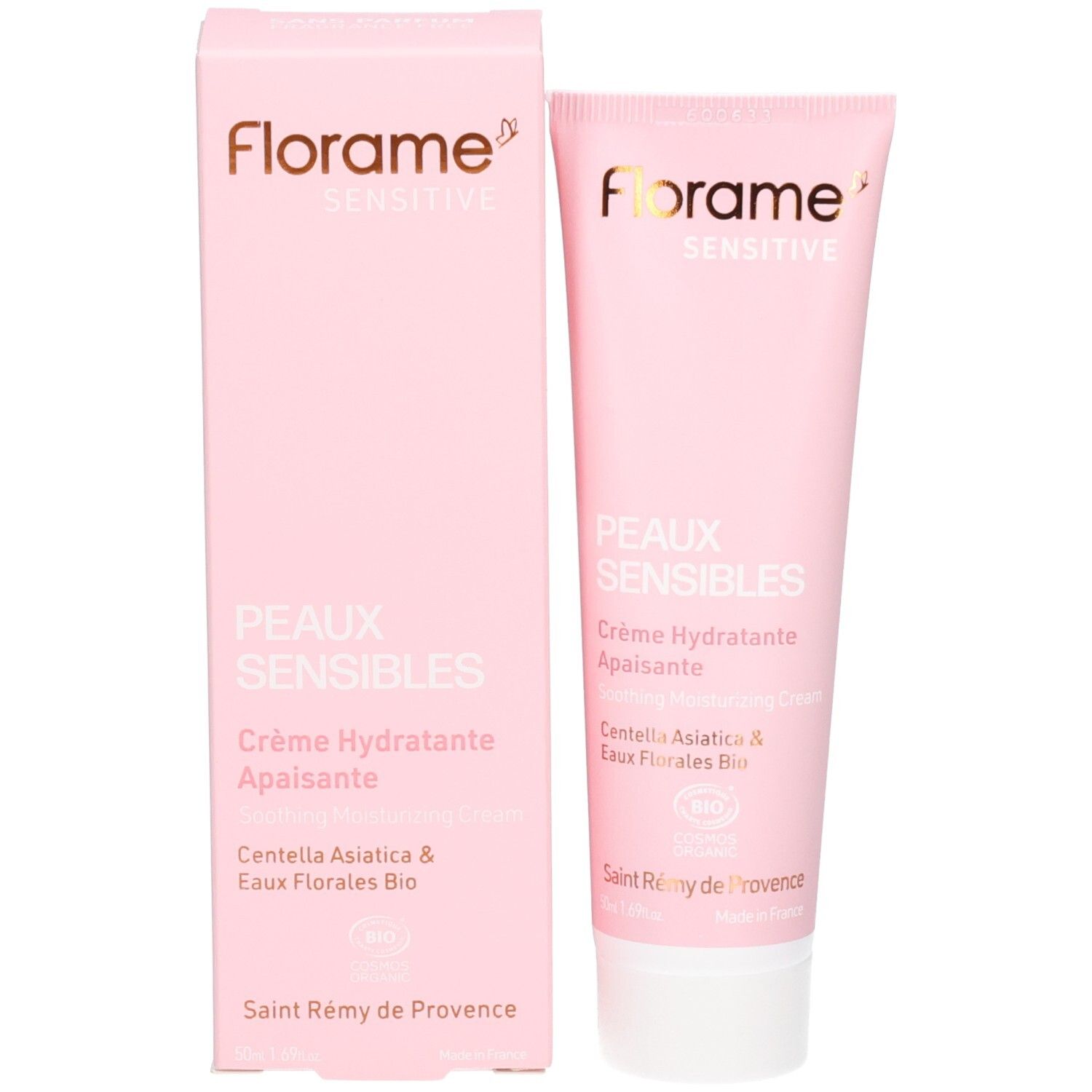 Crème hydratante apaisante Florame pour peaux sensibles et sa boîte.