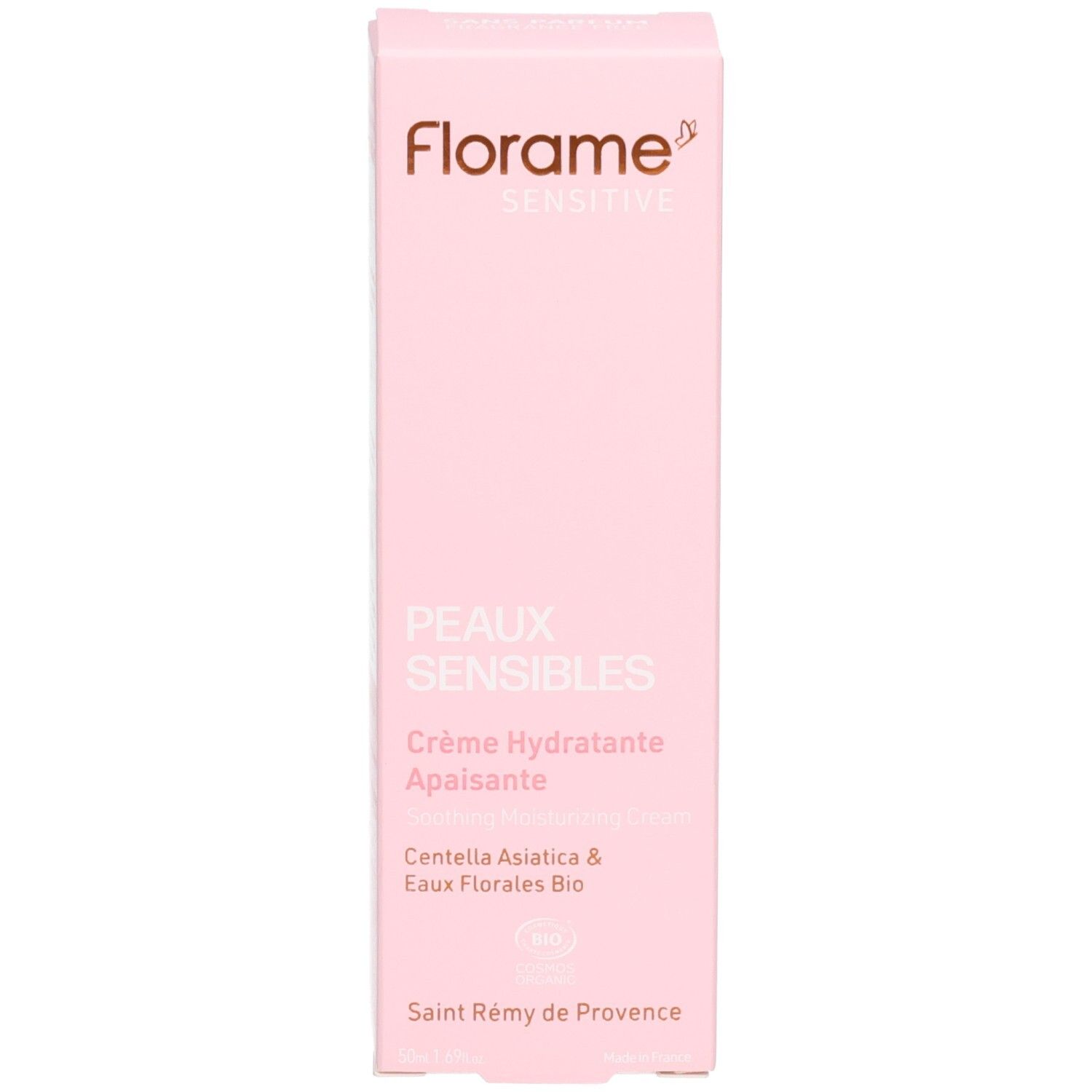 Boîte de crème hydratante apaisante Florame pour peaux sensibles.