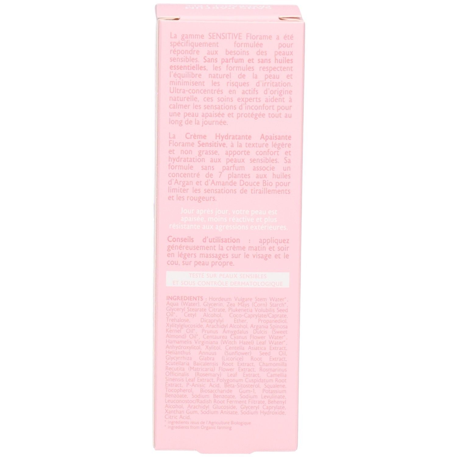 Arrière de la boîte Florame avec instructions et liste d'ingrédients.