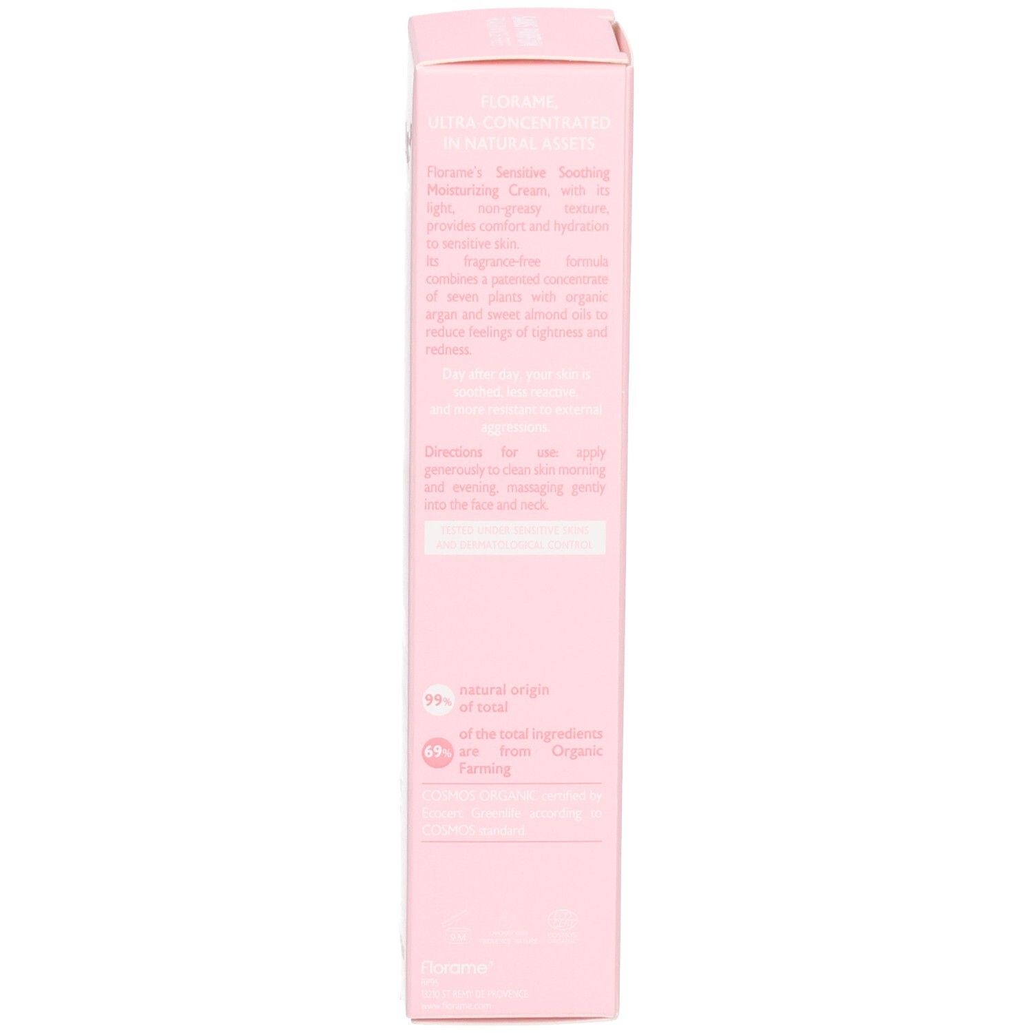 Côté de la boîte Florame avec description du produit et ingrédients.
