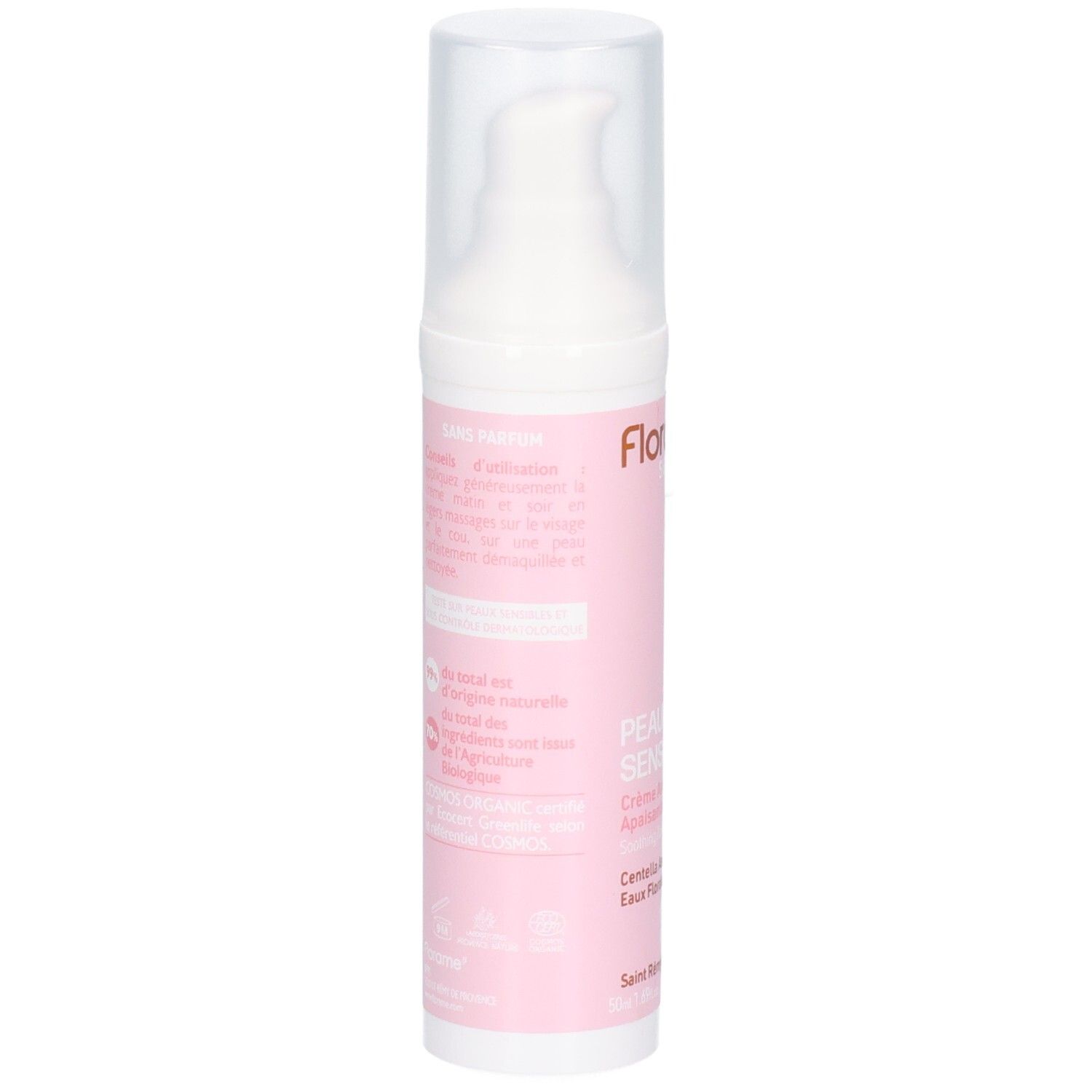 Dos de la Florame Crème Anti-Age Apaisante Peaux Sensibles, flacon pompe 50ml.