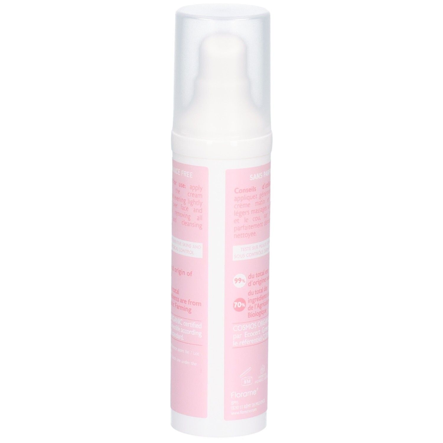 Vue latérale de la Florame Crème Anti-Age Apaisante Peaux Sensibles, flacon pompe 50ml.